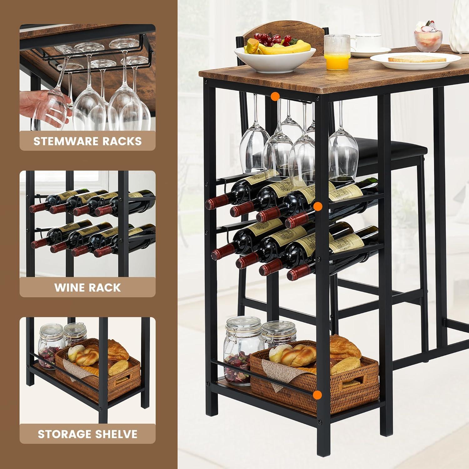 Whizmax Bar Table Set for 2 with Footrest, Kitchen Dining Table with 2 Upholstered Chairs, Small Space Counter Height Barstools for Counter Bar, Brown