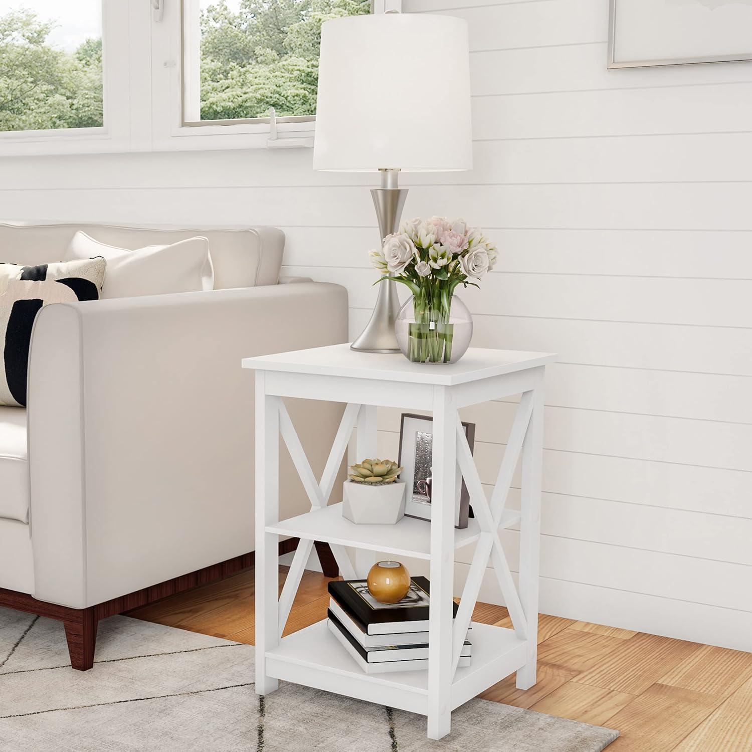 Lavish Home End Table with 2 Shelves and X-Leg Design, White
