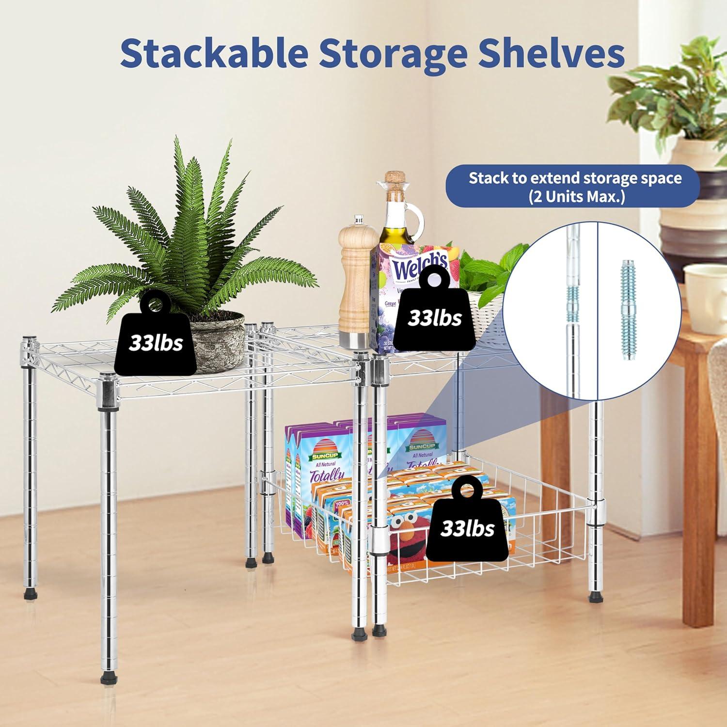 Chrome 2-Tier Adjustable Wire Metal Stackable Storage Unit