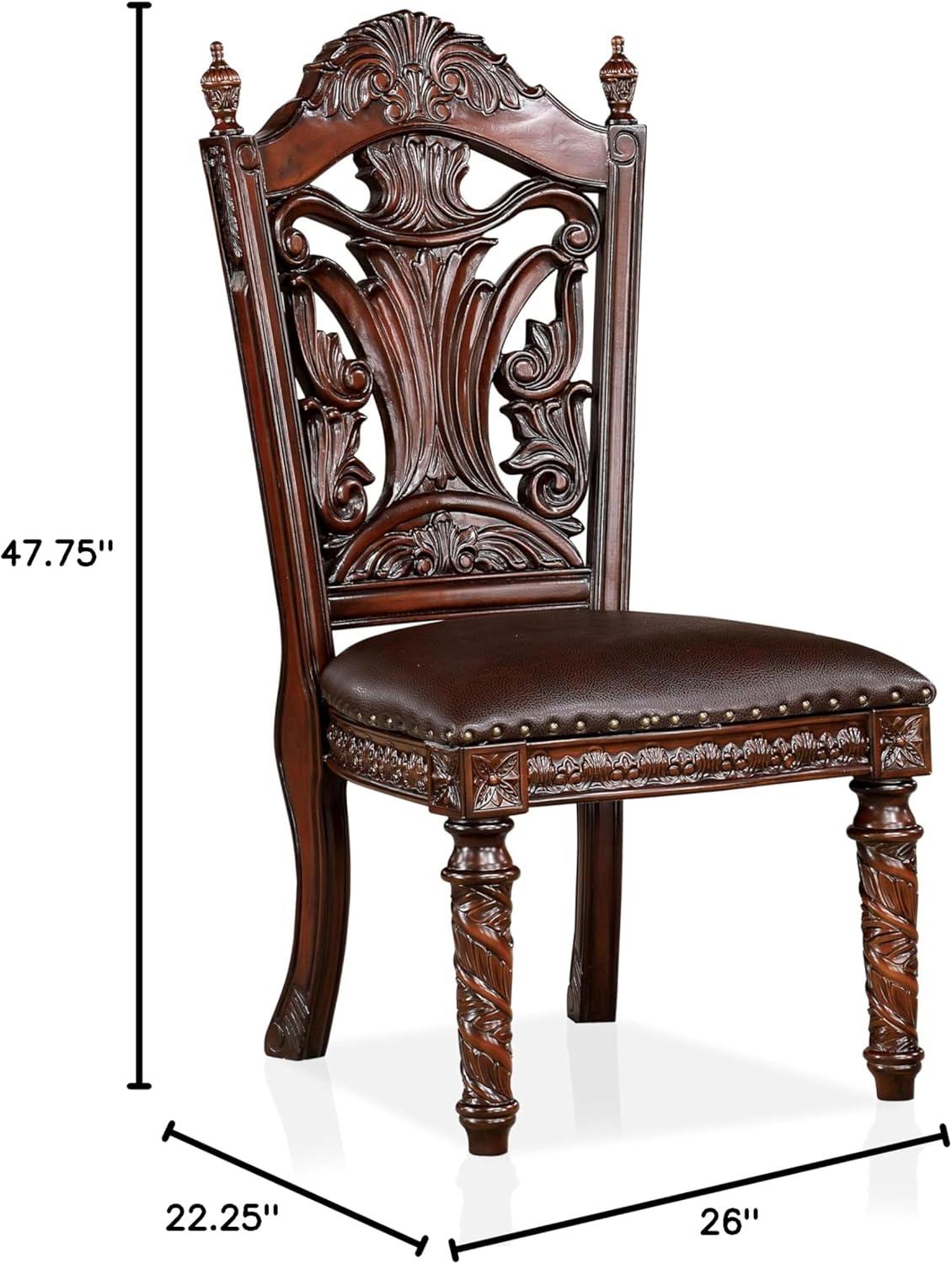 Traditional Brown Cherry Wood Upholstered Side Chair with Carved Details