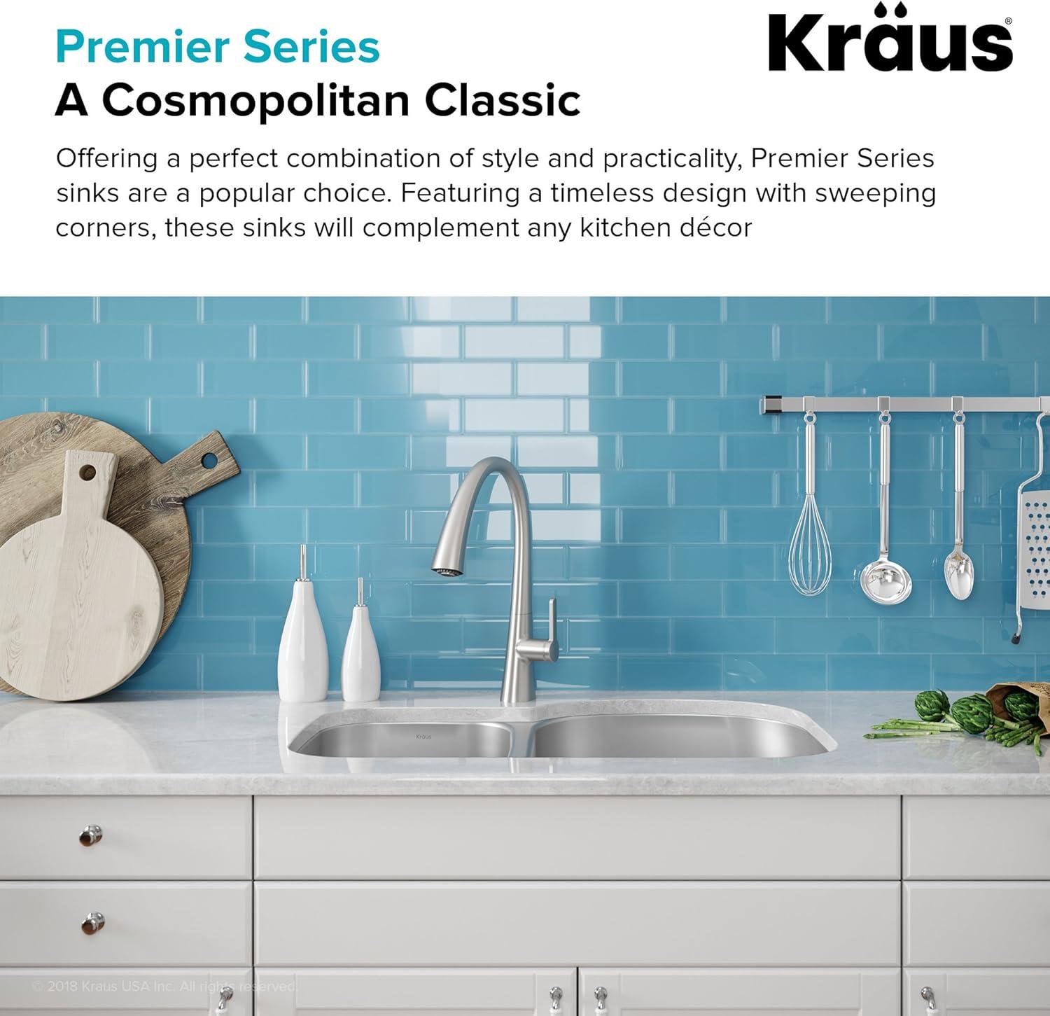 KRAUS Premier 32-inch L 16 Gauge Undermount 60/40 Double Bowl Stainless Steel Kitchen Sink