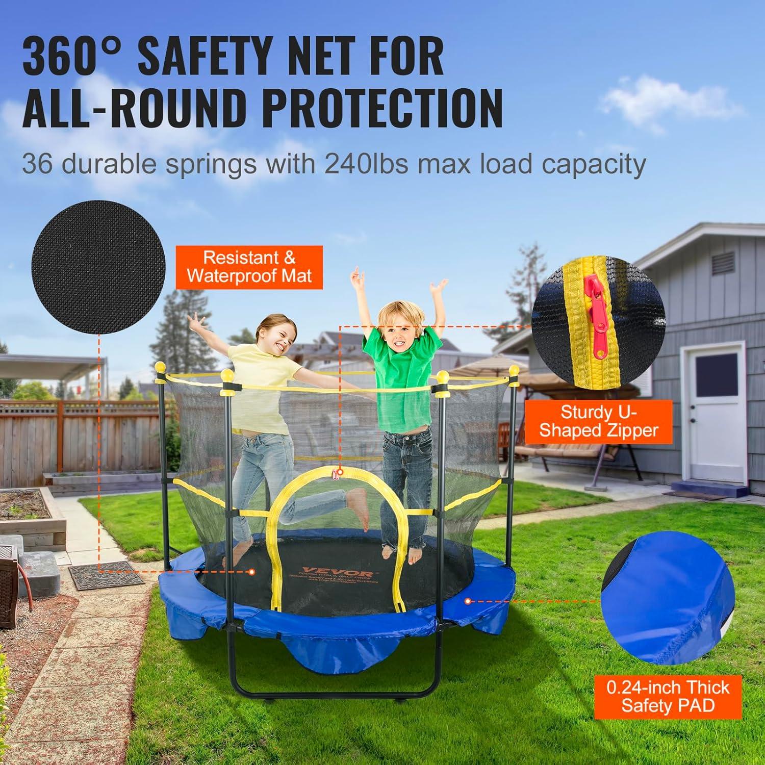 VEVOR 60" Trampoline for Kids Mini Toddler Trampoline with Net Indoor Outdoor