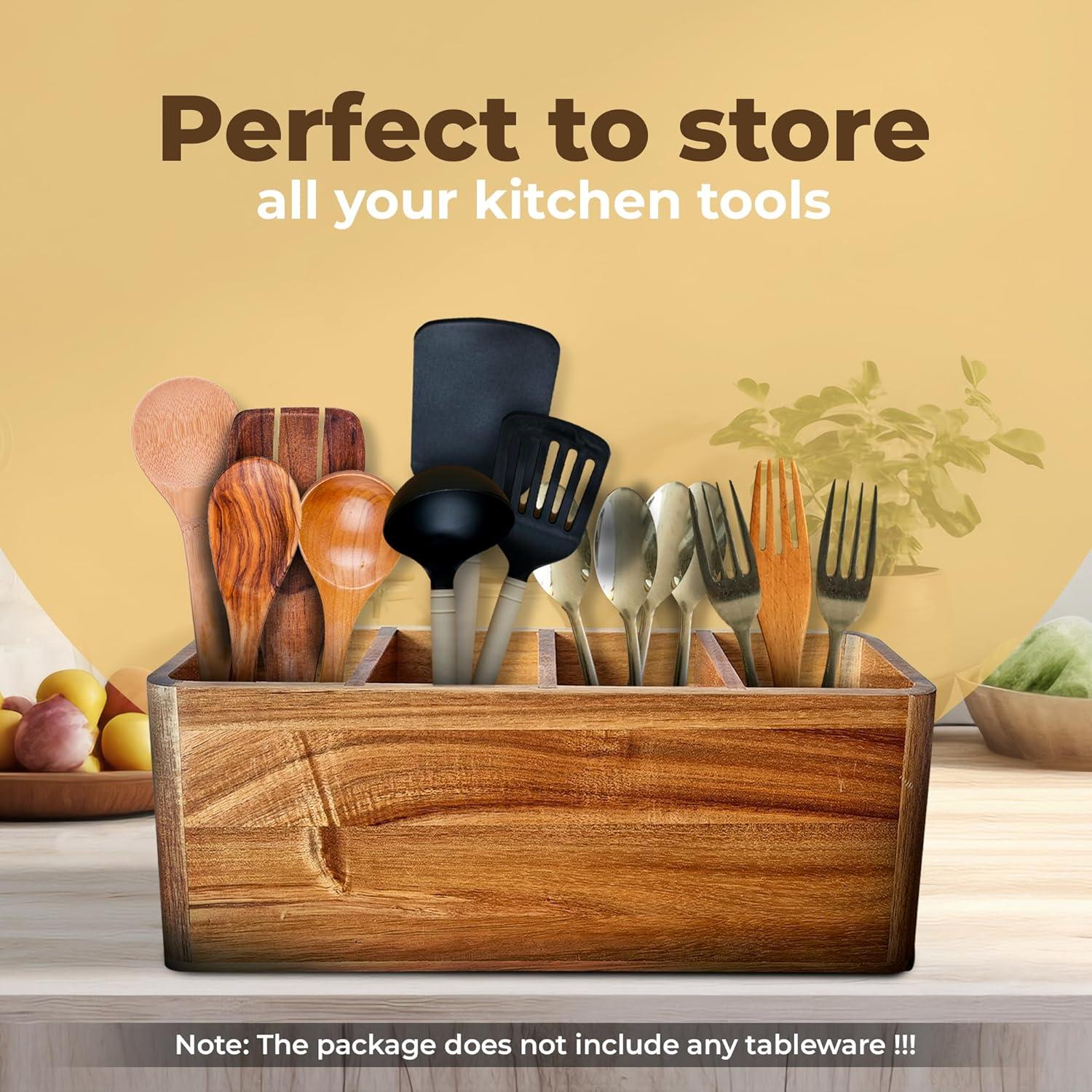 Large Kitchen Utensil Holder Organizer for Counter or Countertop, Large Wooden Utensil Holder for Storage Cooking and Silverware with 3 Compartment, Acacia Rustic Wood Container Extra Large