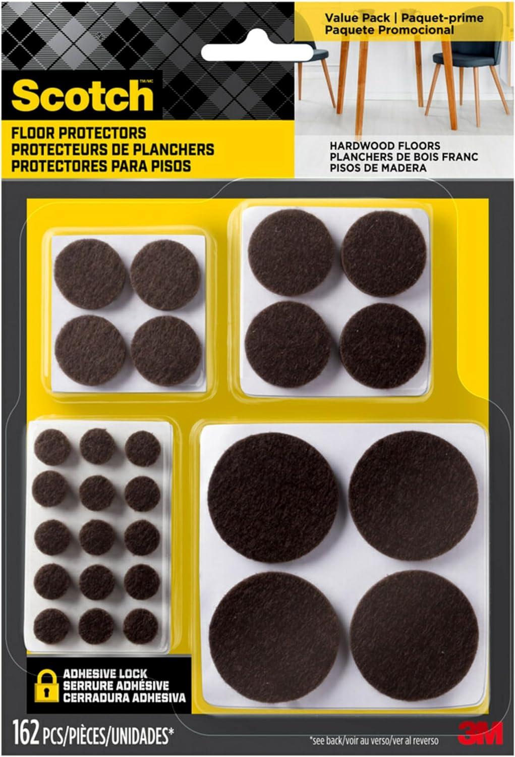 Scotch 162pk Felt Pads Brown: Furniture Pads for Hardwood Floors, PET Material, 2" x 2", 0.2" Thick