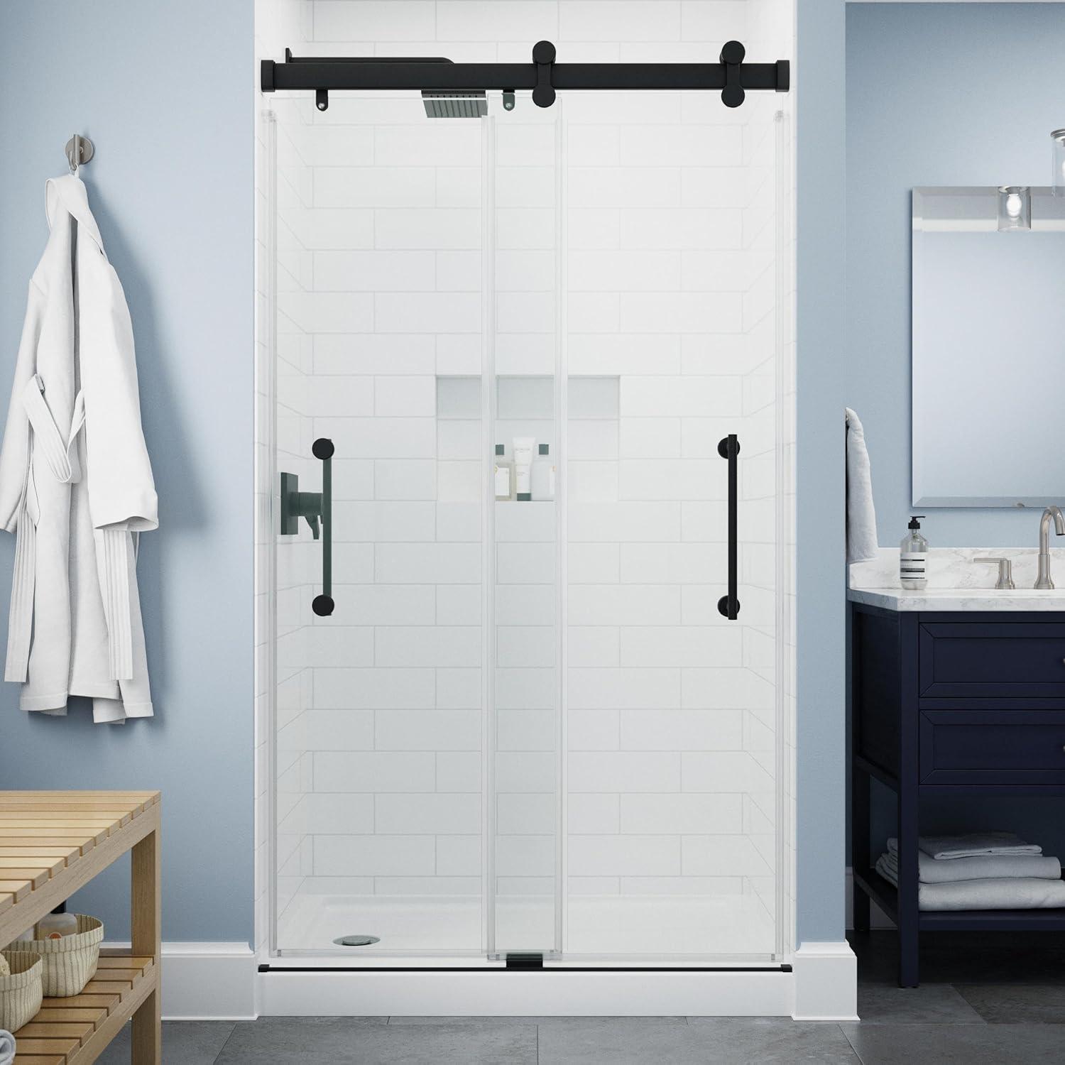Delta Commix 48 in. x 76 in. Frameless Exposed Roller Sliding Shower Door in Black with 5/16 in. (8mm) Tempered Clear Glass, SDES848-MB-R