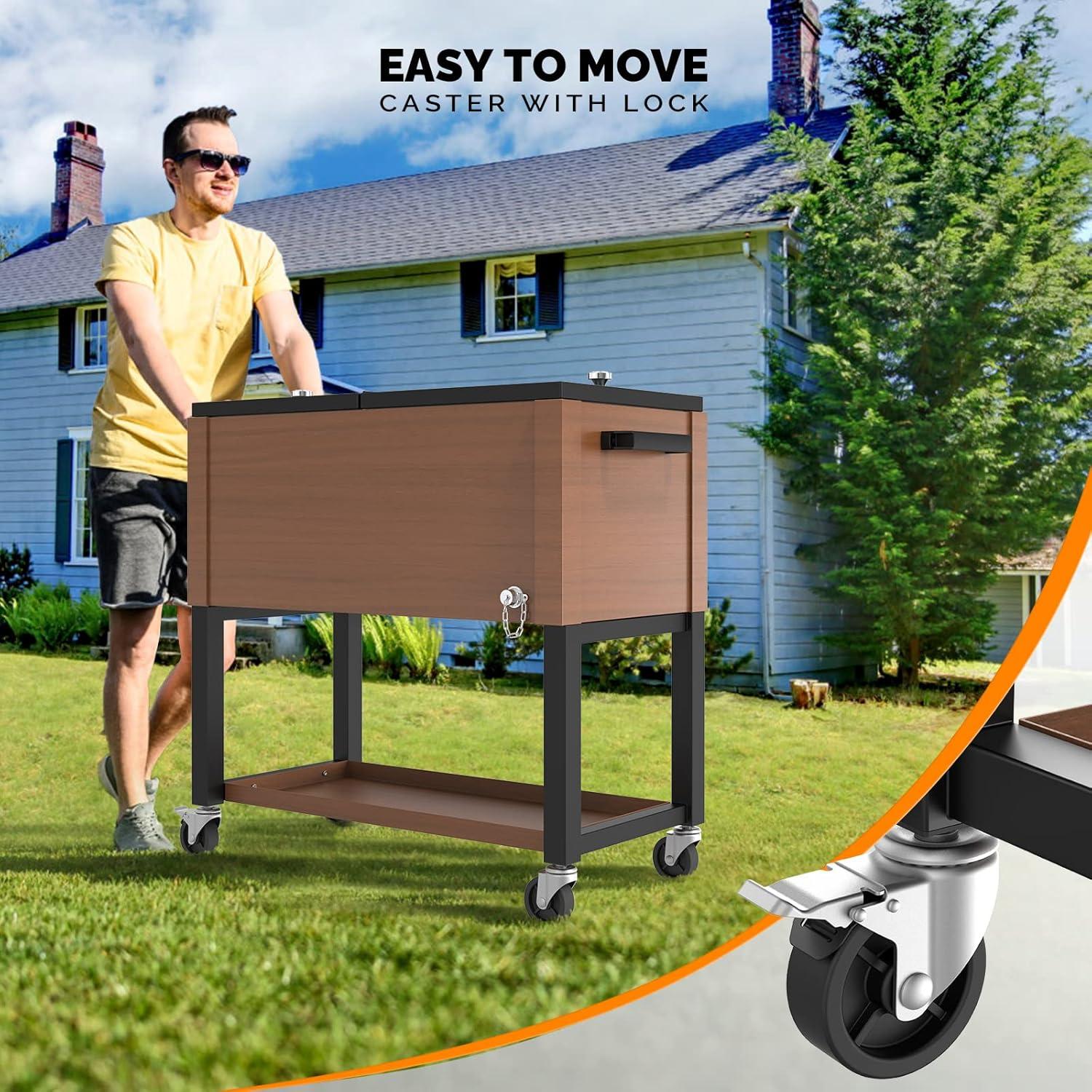 VINGLI 80 Quart Rolling Ice Chest on Wheels, Patio Cooler Cart with Waterproof Cooler Cart Cover, Beverage Rolling Cooler for Outdoor Patio Deck Party
