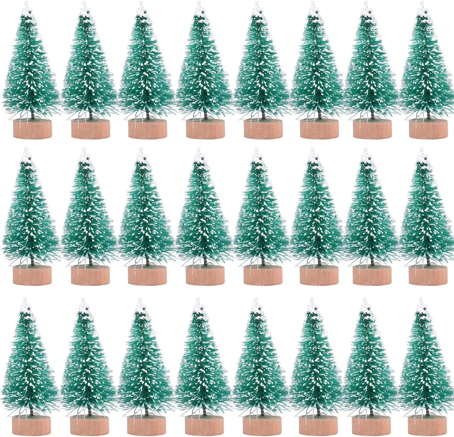 24 Pieces Artificial Mini Christmas Sisal Snow Frost Trees with Wood Base Bottle Brush Trees Plastic Winter Snow Ornaments Tabletop Trees for Christmas Party Home Decoration