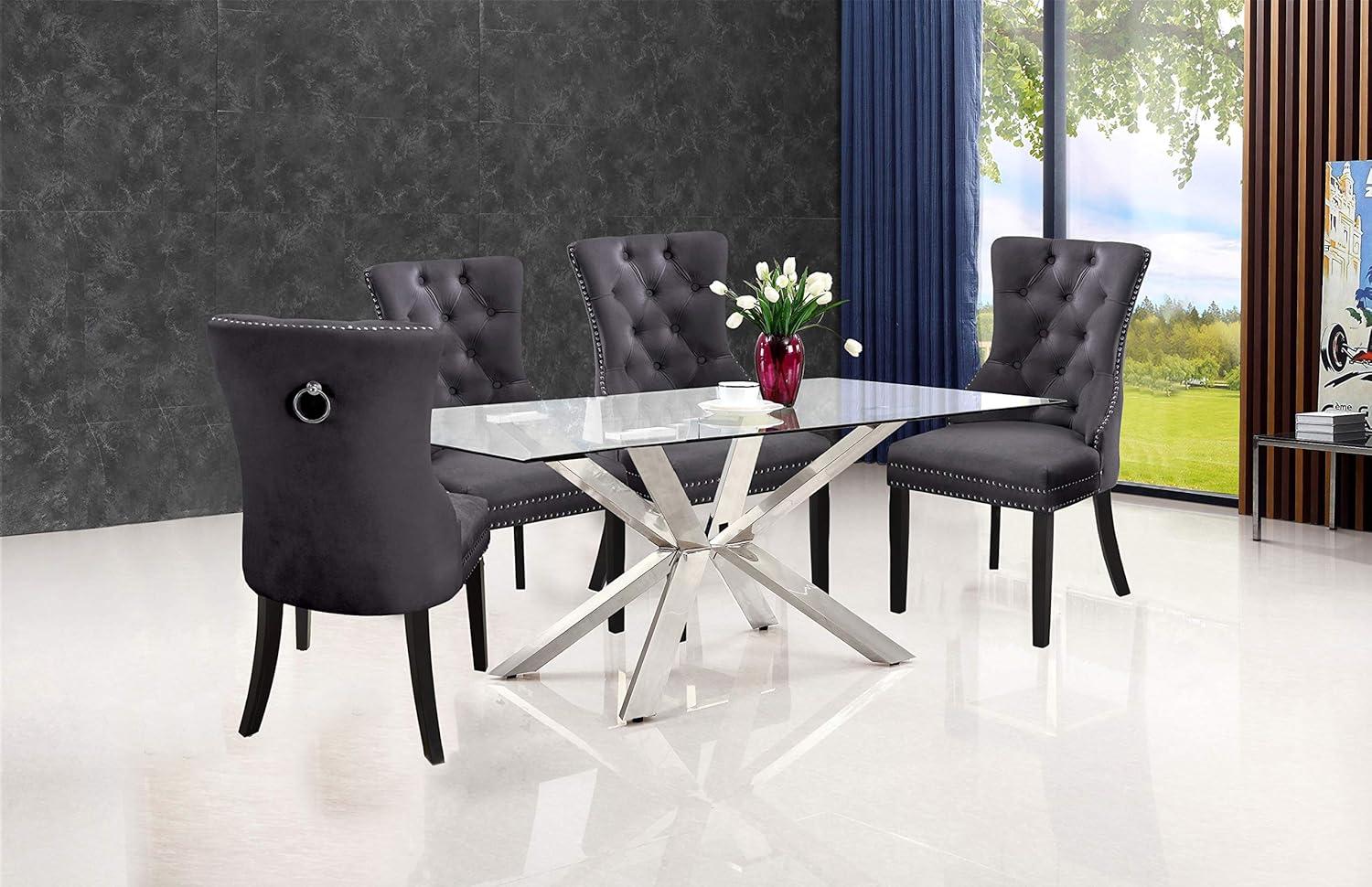 Nikki Grey Velvet Upholstered Dining Chair with Espresso Wood Legs