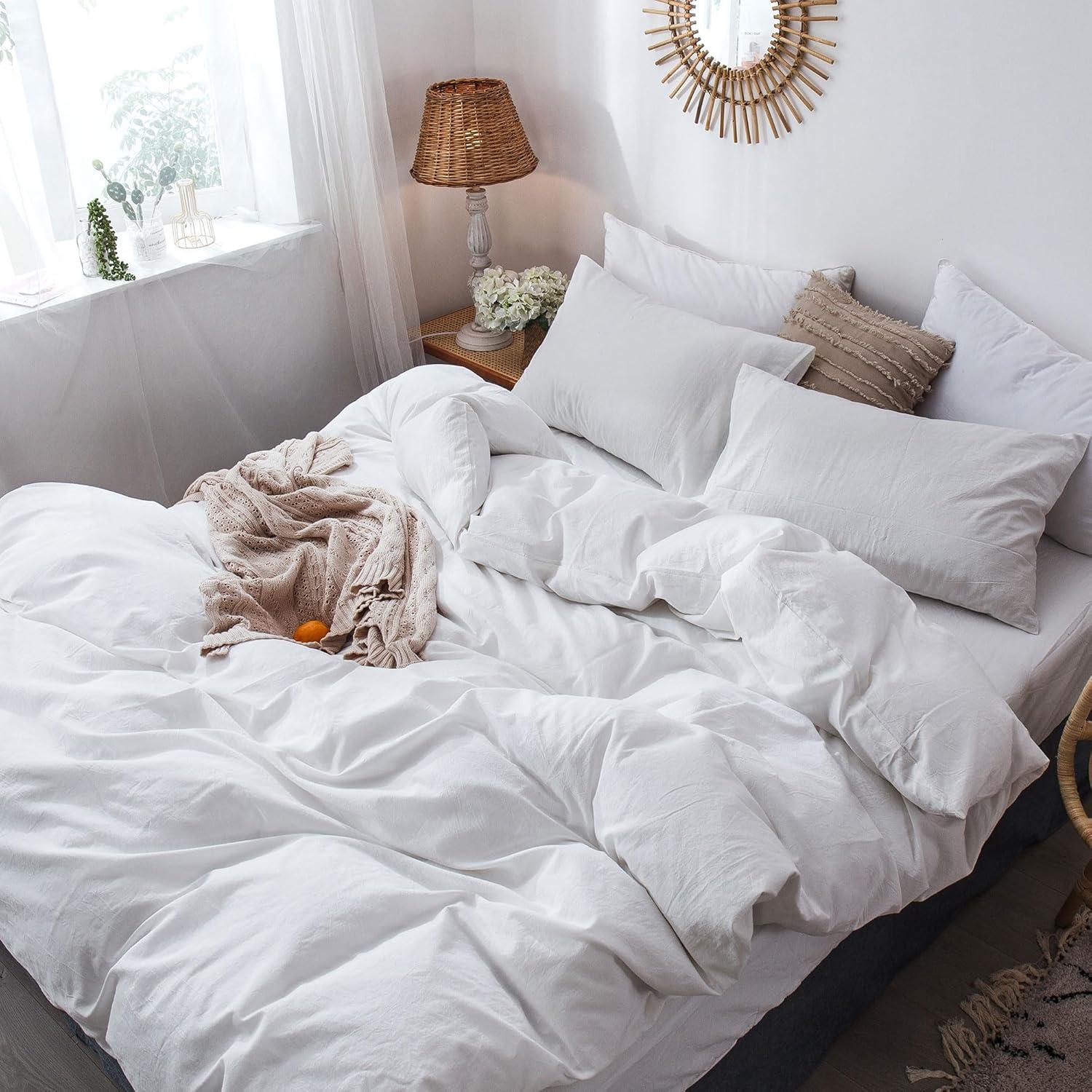QUALITY FLOORING INC. Bedding Duvet Cover Set 100% Washed Cotton Linen Like Textured Breathable Durable Soft Comfy (Off White, King)