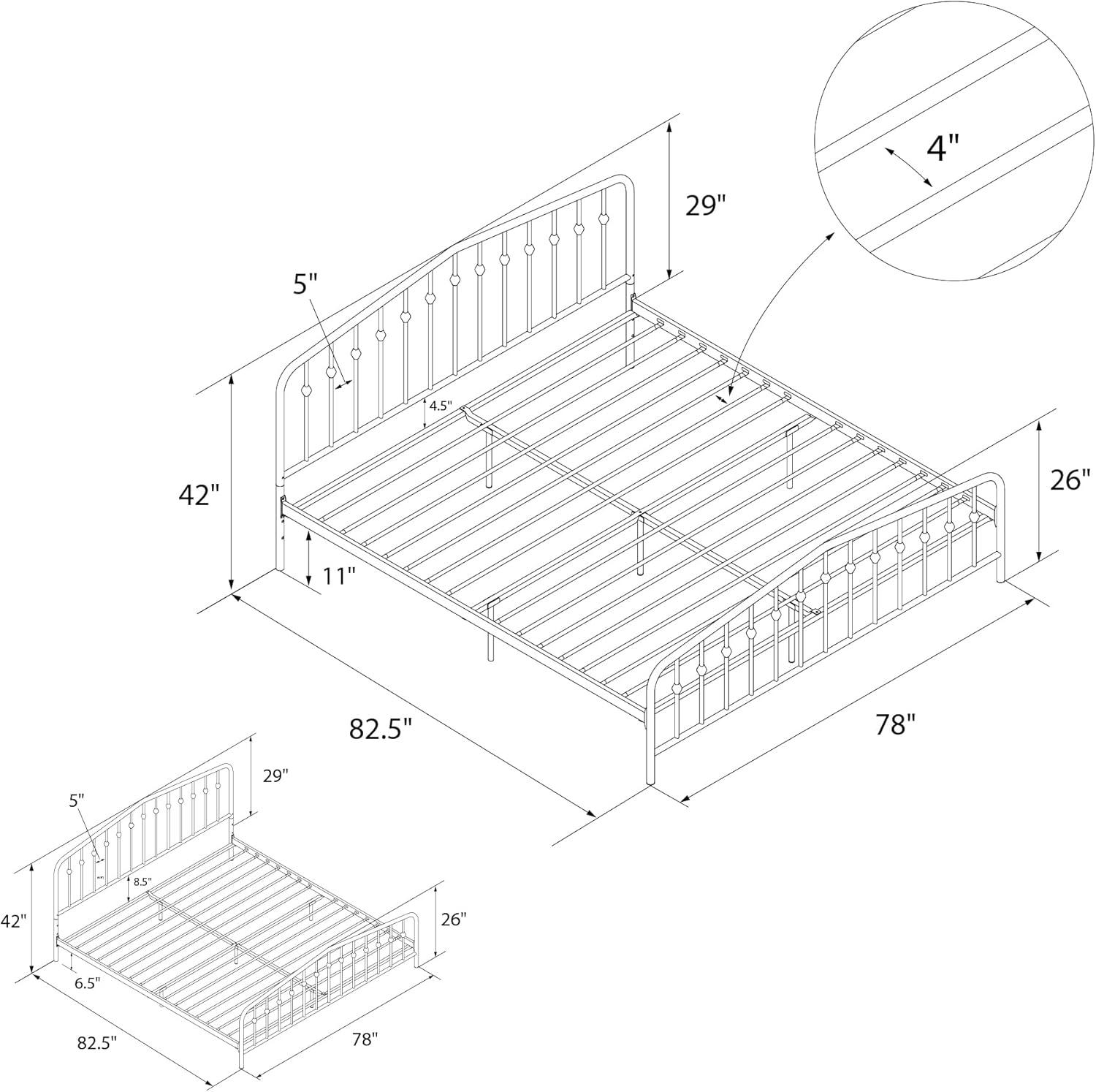 King-Size Gunmetal Gray Metal Bed with Upholstered Headboard and Storage Drawer