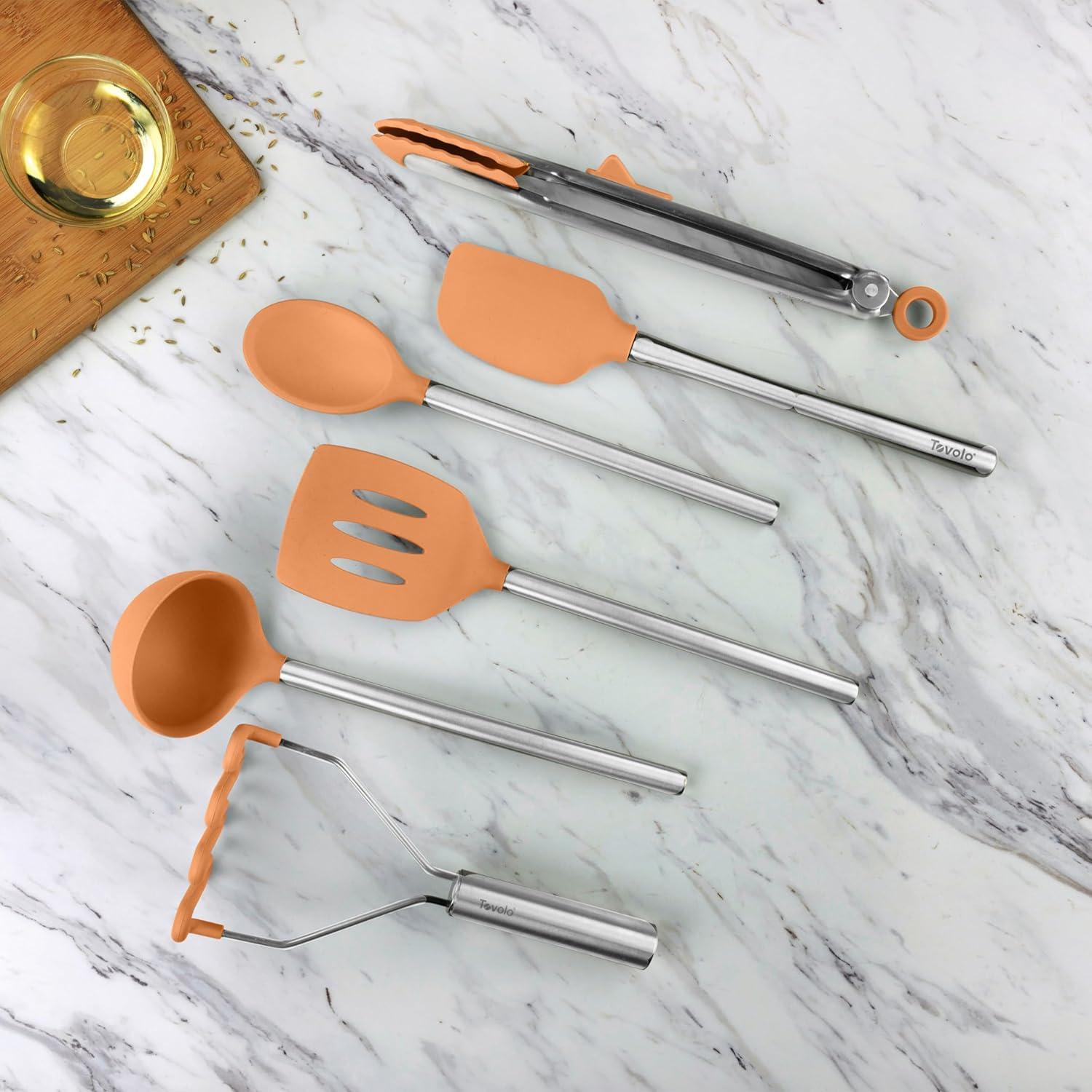 Tovolo 6pc Silicone and Stainless Kitchen Utensil Set Apricot Orange: Cooking Utensils for Adults, Hand Wash