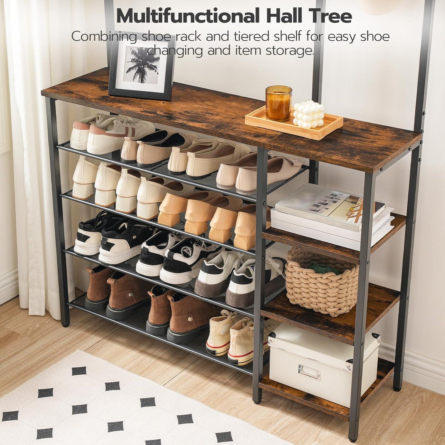 HOOBRO Rustic Brown Hall Tree with Bench, Coat Rack and Shoe Storage, Reversible Shelves - BF105MT01