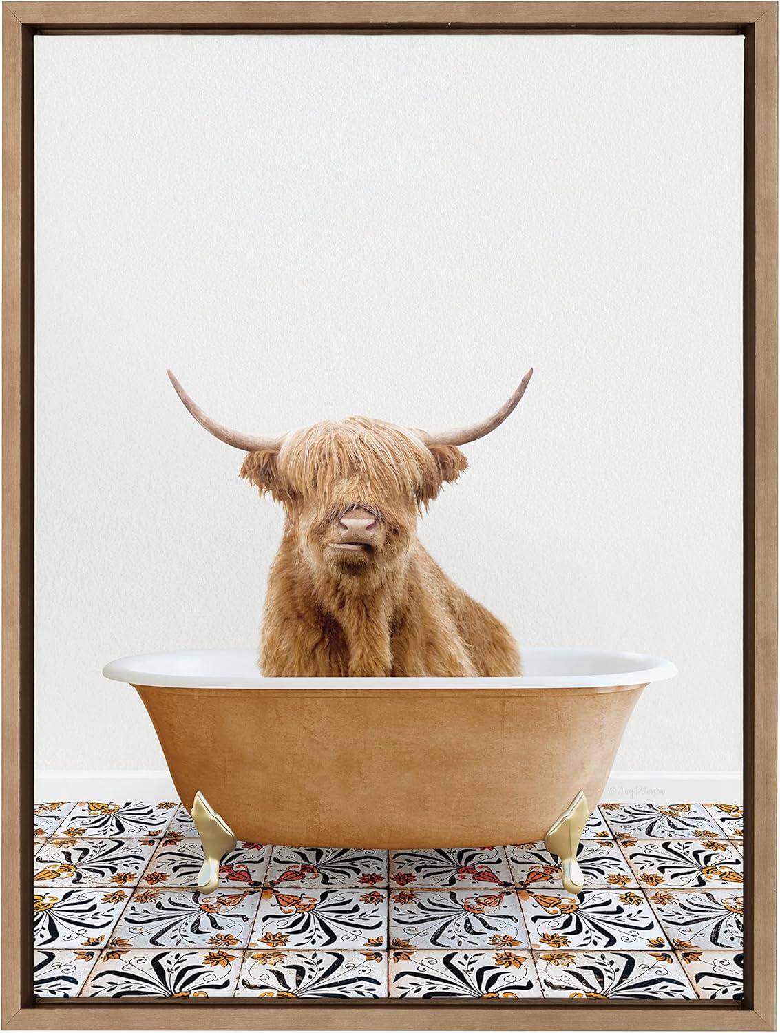 Kate and Laurel Sylvie Highland Cow In Mediterranean Bath Framed Canvas by Amy Peterson Art Studio