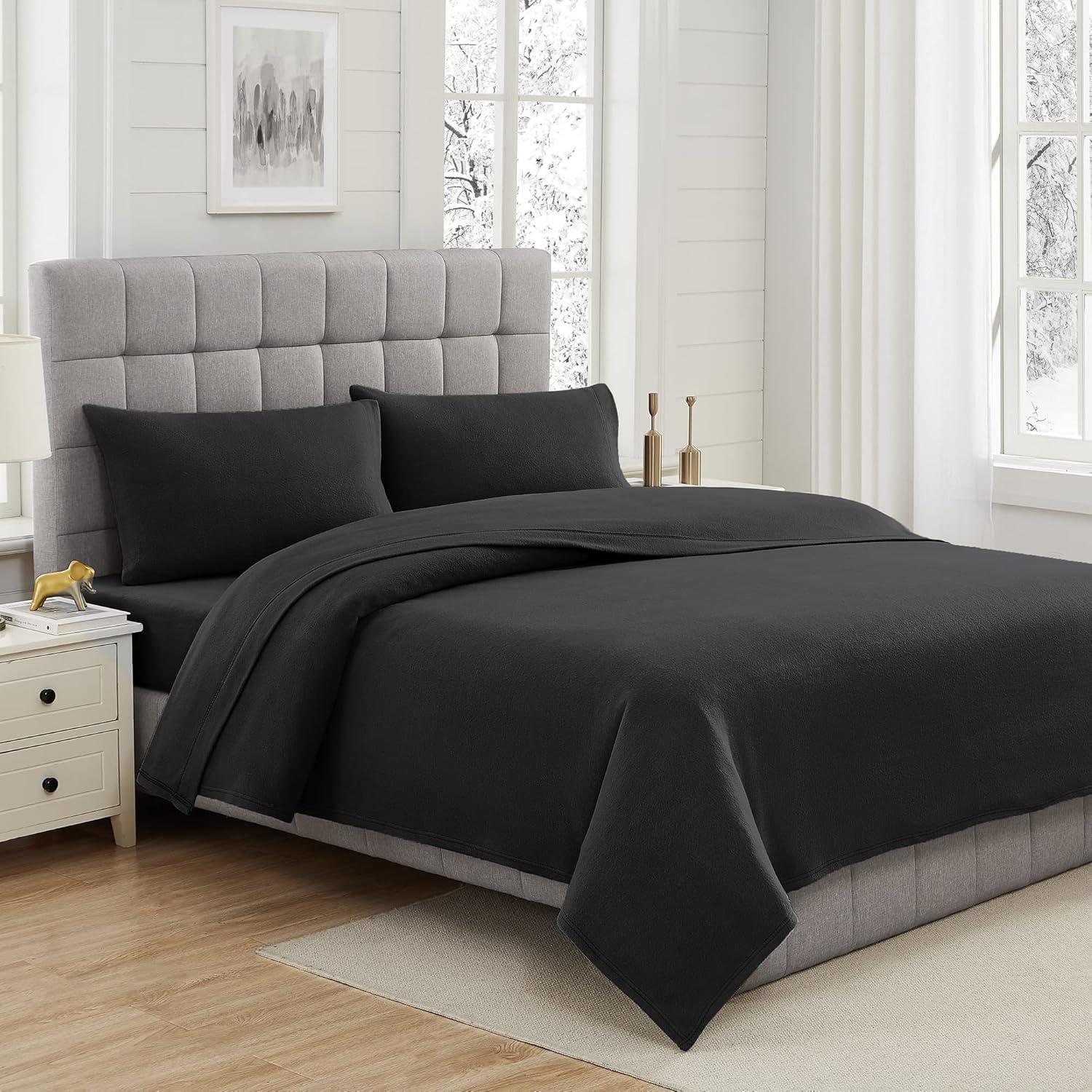 Black Full Deep Pocket Flannel Bed Sheet Set