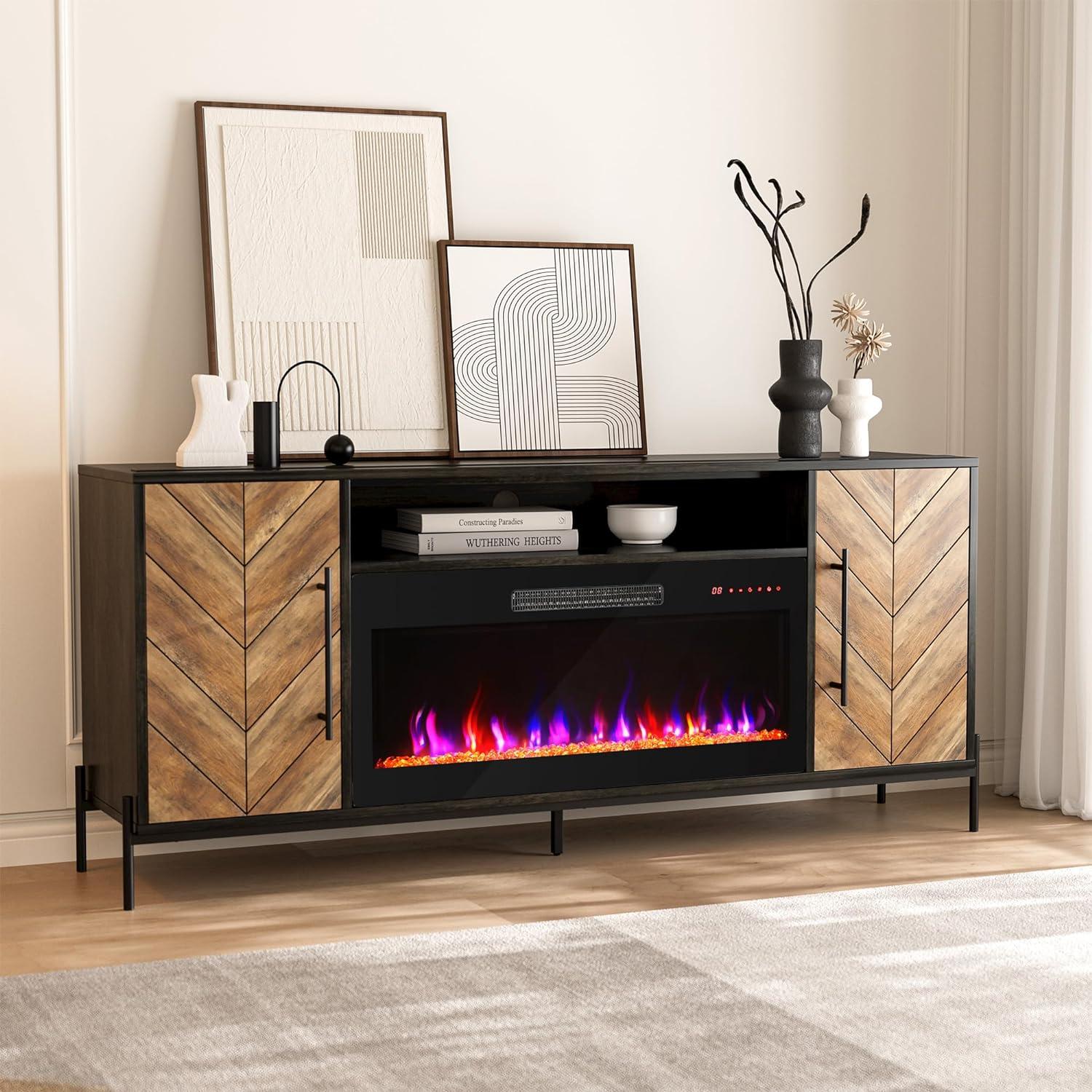 BELLEZE 68" Wood TV Stand with 36" Electric Fireplace, Entertainment Center with Storage Cabinet, Console Table for TVs up to 75 Inches, for Living Room, Bedroom - Harper (Black Ebony)