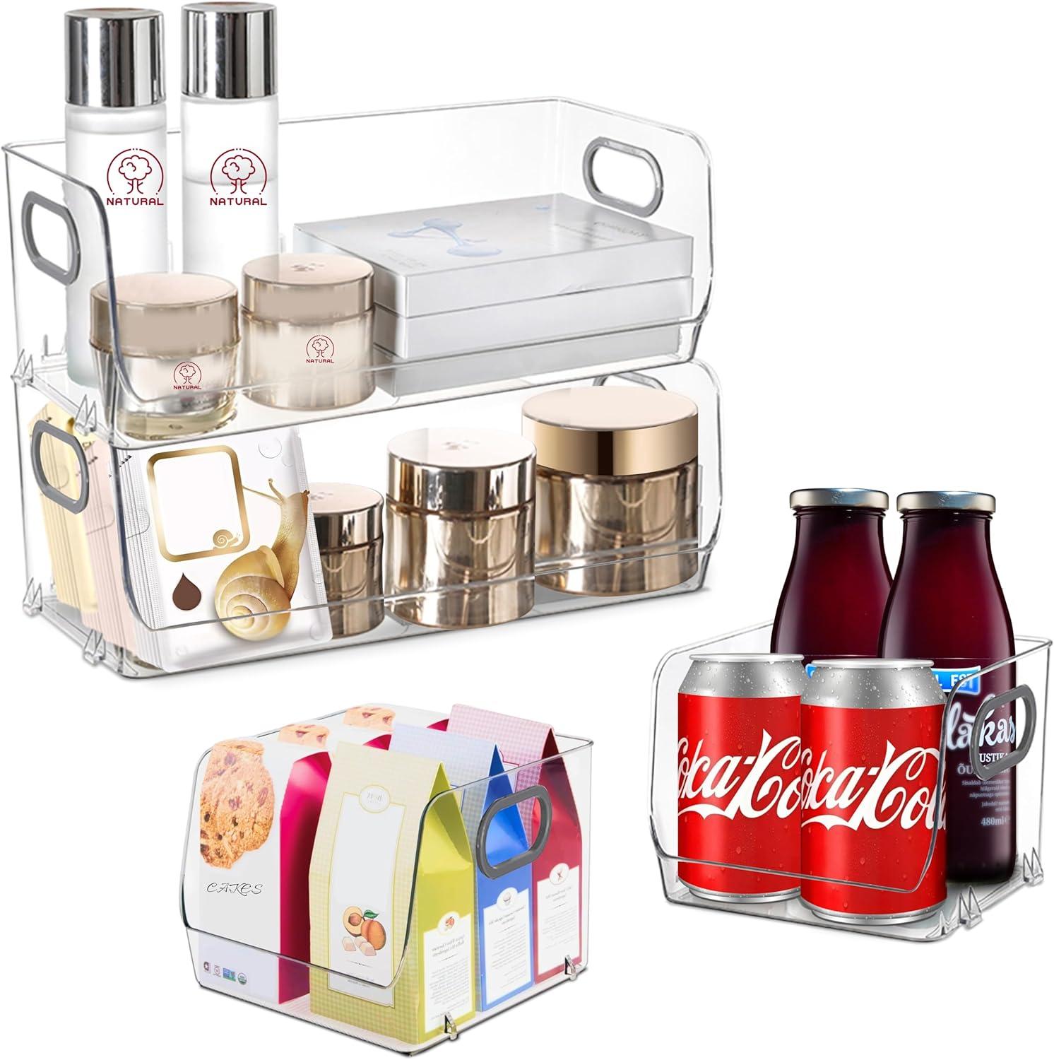 Skywin Stackable Clear Storage Bins For Pantry (2 Small + 2 Large) - Clear Acrylic Organizers and Storage Bin For Kitchen’s Shelf, Cupboard, or Cabinet - Clear Containers for Organizing Snacks