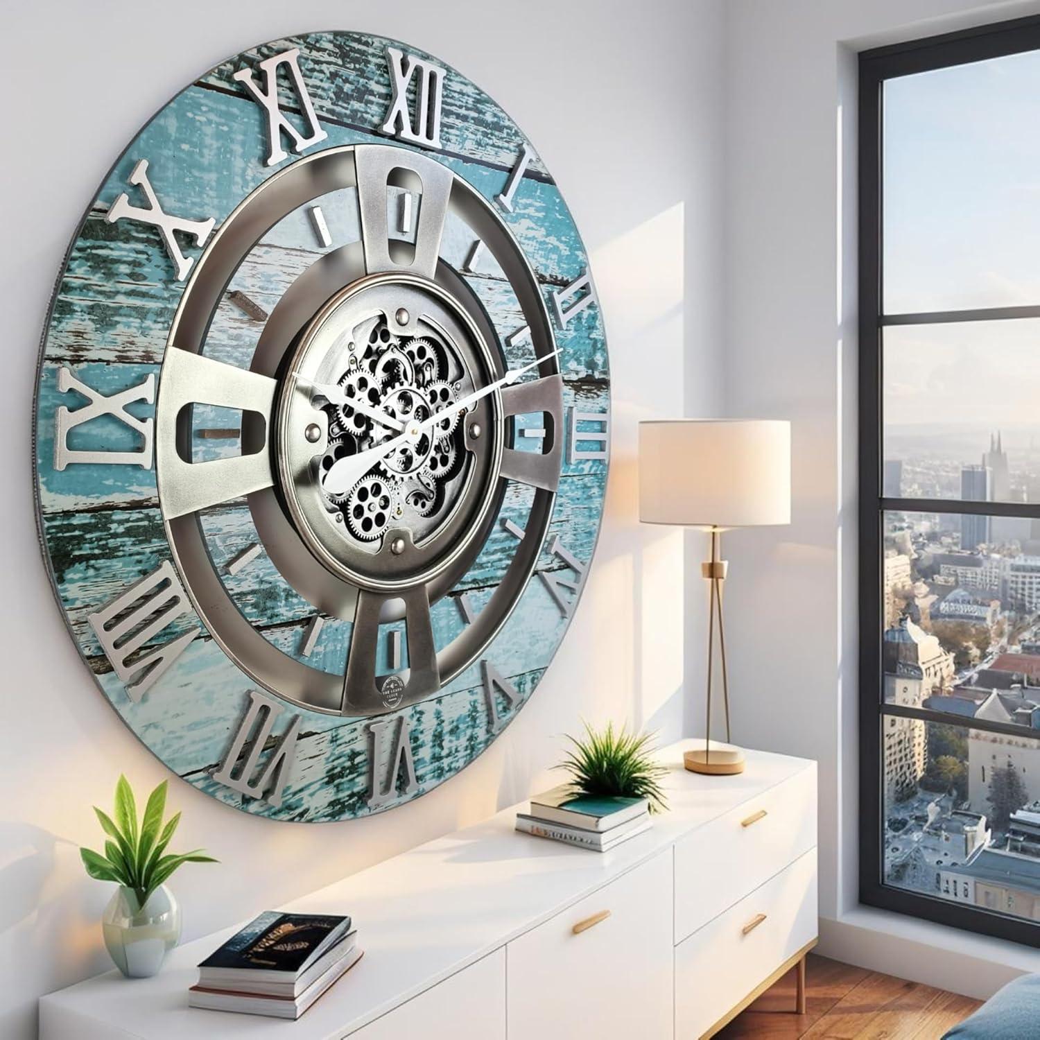 THE GEARS CLOCK Wall Clock with Real Moving Gears EN-LI_ 36 in Round Vintage-Black