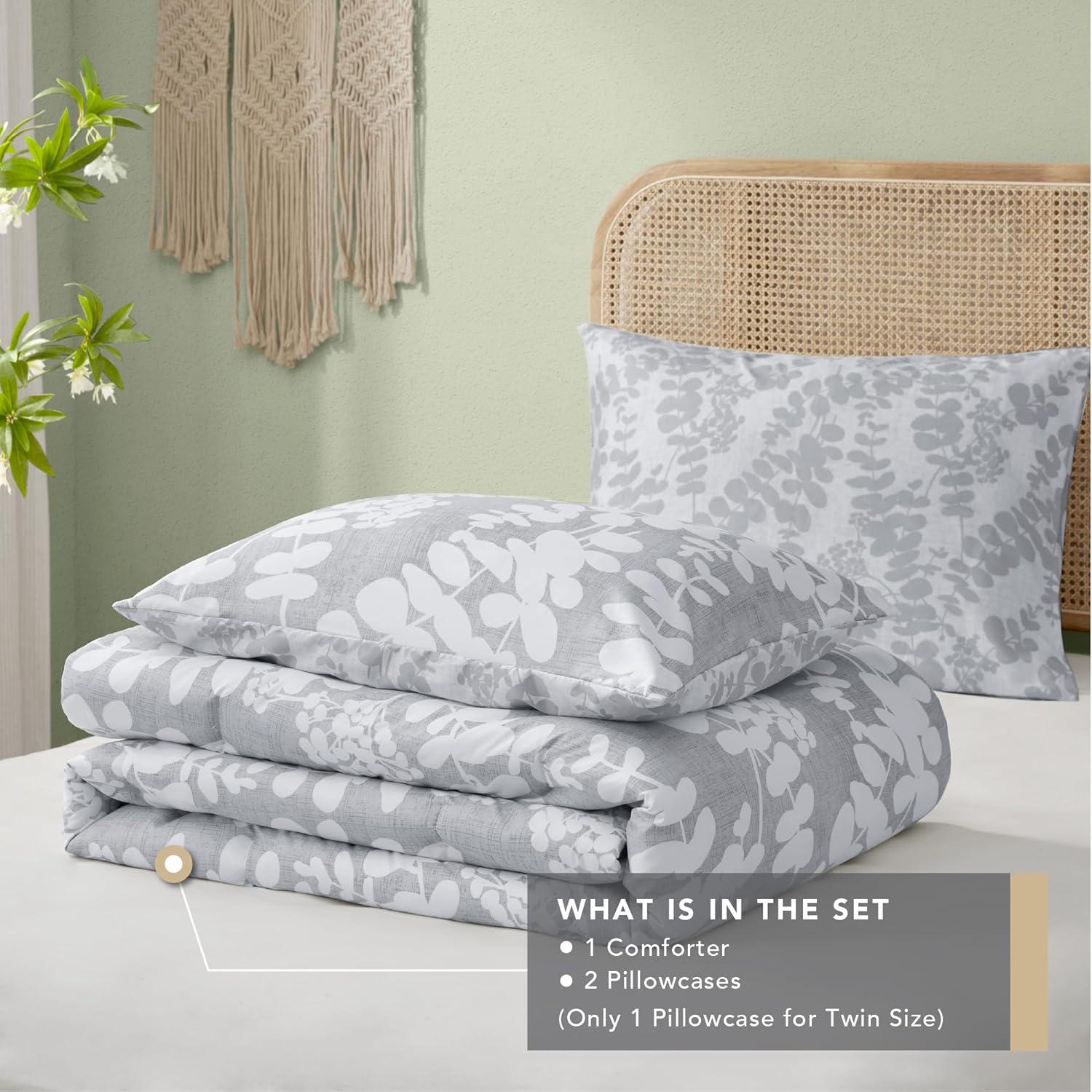 Codi Gray Floral Comforter Set Queen Size, Botanical Bedding Sets | Nature Style, Unique Reversible Design, Better for Spring and Summer | Leaf Print 3 Pieces
