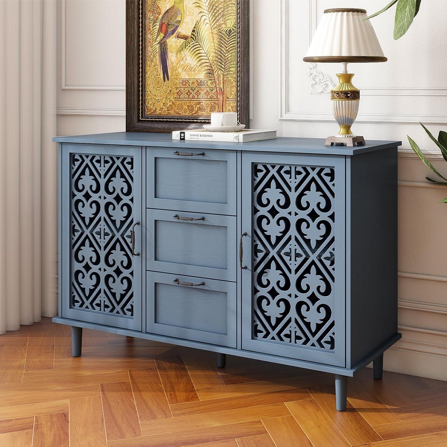 Sideboard Buffet Cabinet with Storage - American Furniture Cabinet, Accent Storage Console Table with Carved Pattern, Farmhouse Wood Credenza for Study Room, Entryway, Dining Room, Kitchen