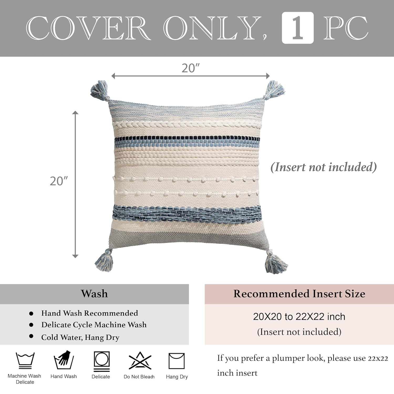 Coastal Blue Boho Decorative Throw Pillow Cover 20x20 Modern Bohemian Accent Pillow Case Square Woven Textured Farmhouse Pillows for Couch Bed (Pack of 1)