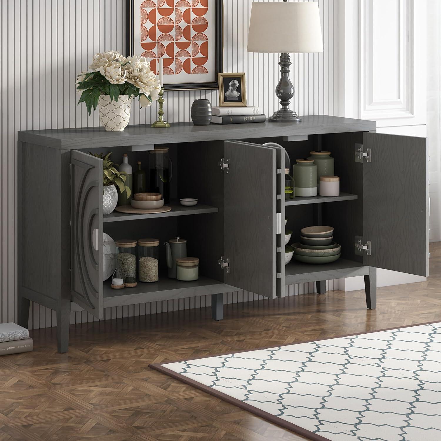 Gray 60" Distressed Wood Sideboard with Circular Groove Doors