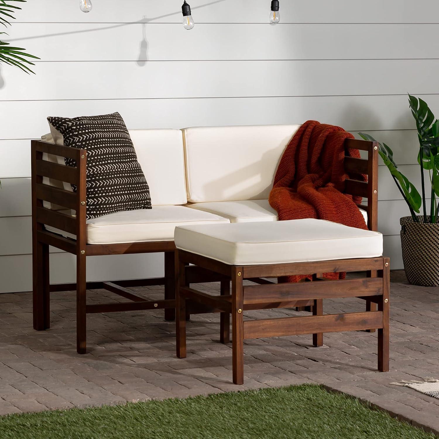 Walker Edison Modular Outdoor Acacia L/R Chairs + Ottoman - Dark Brown