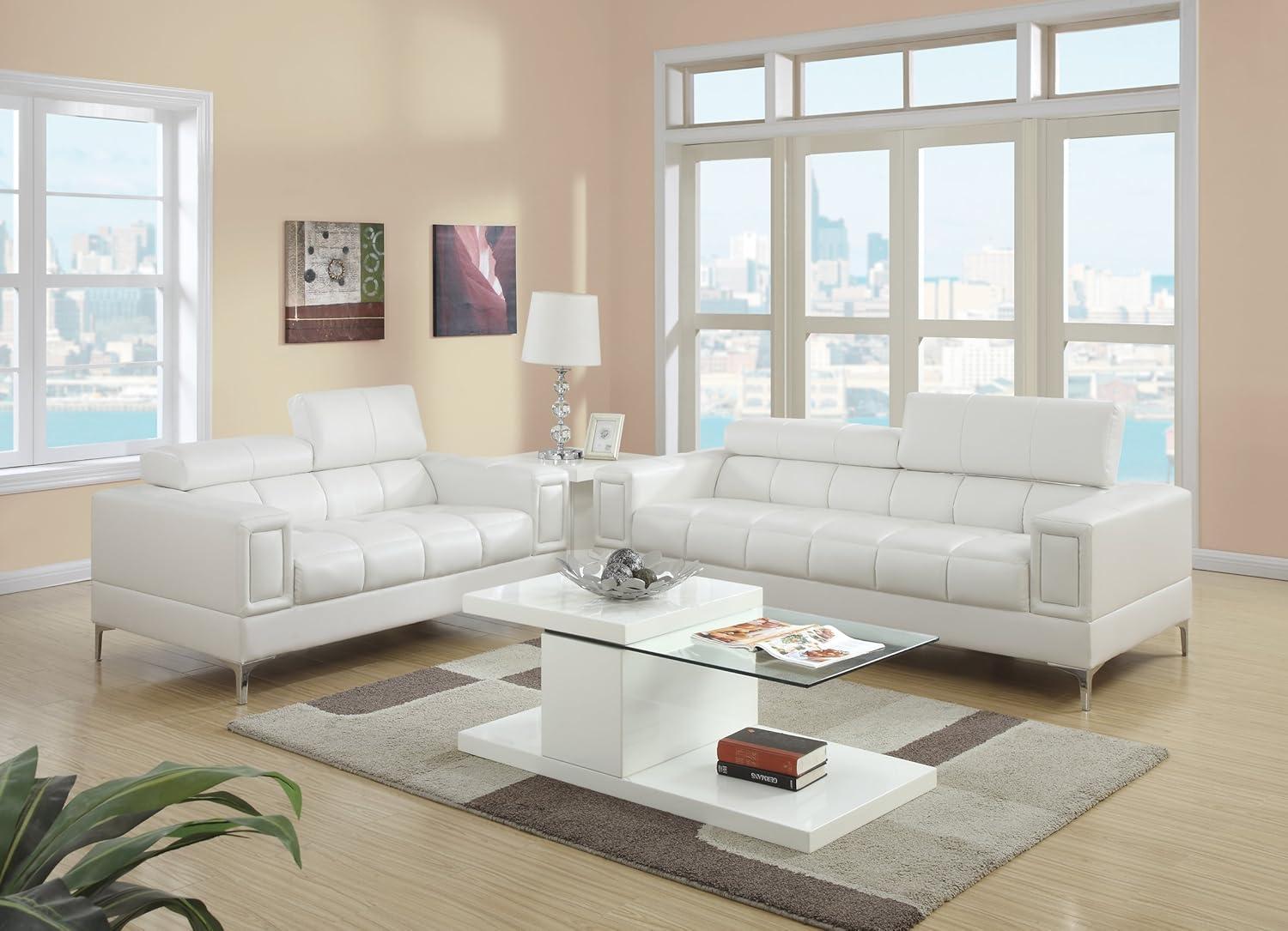 Poundex Furniture 2 Piece Faux Leather Sofa Set in Cream-White Color