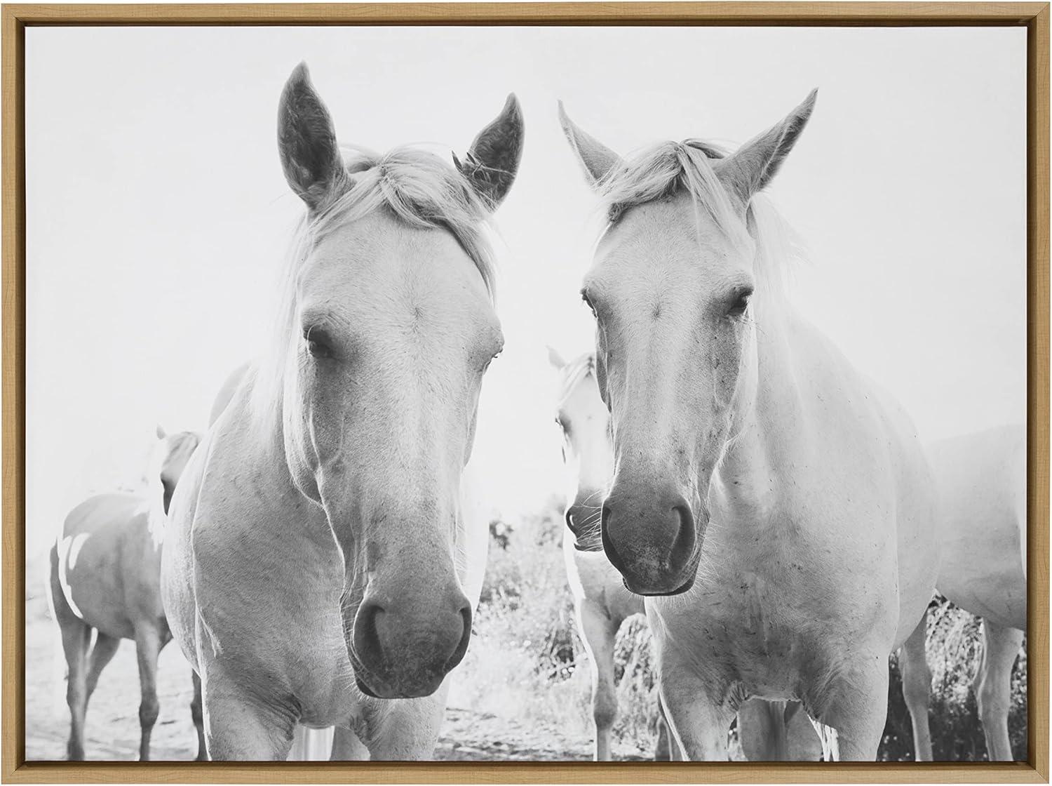 Natural Framed Black and White Horse Canvas Print 31" x 42"