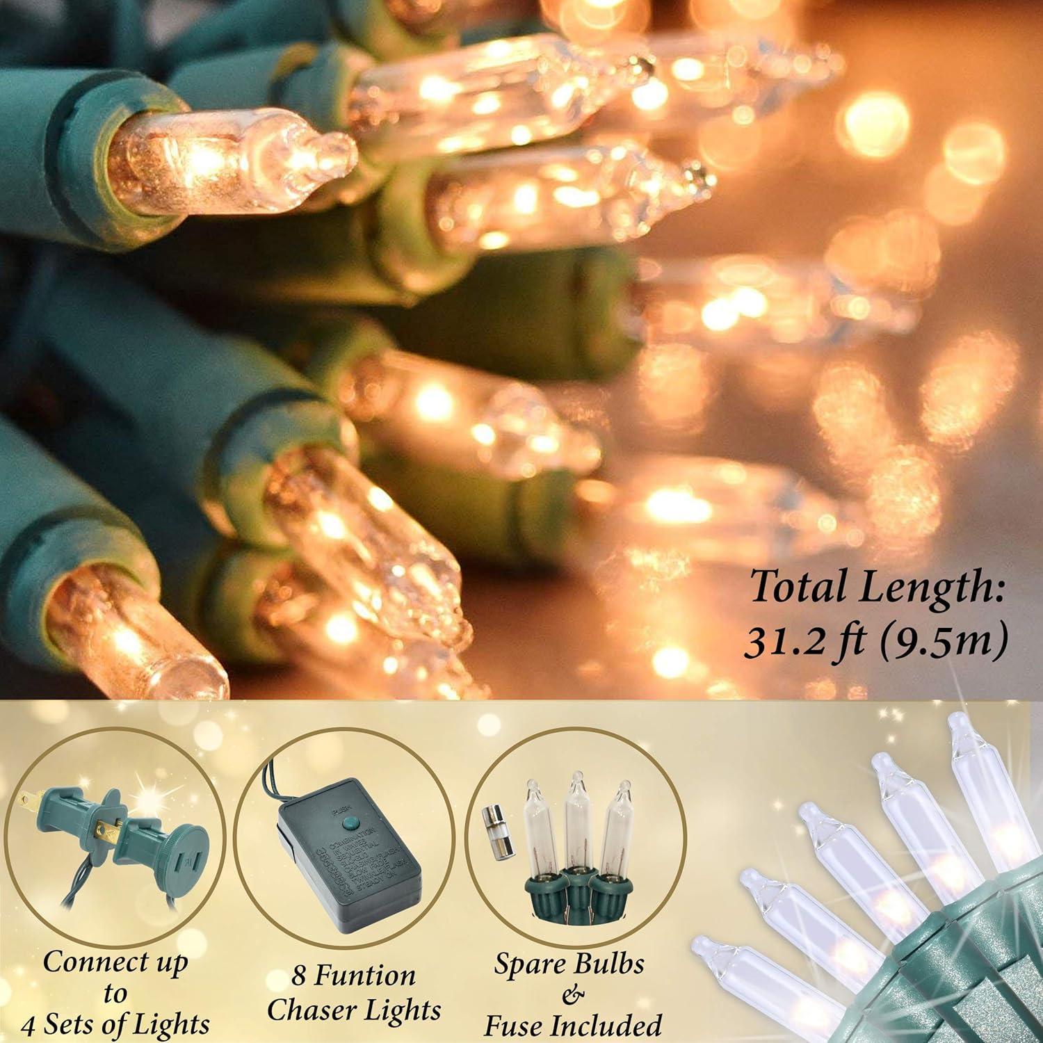 Holiday Essence Chasing Christmas Lights, 8 Function Controller 140 Clear Mini Bulbs Green Wire Indoor String Lights, 31.2 Feet Long Holiday Decor