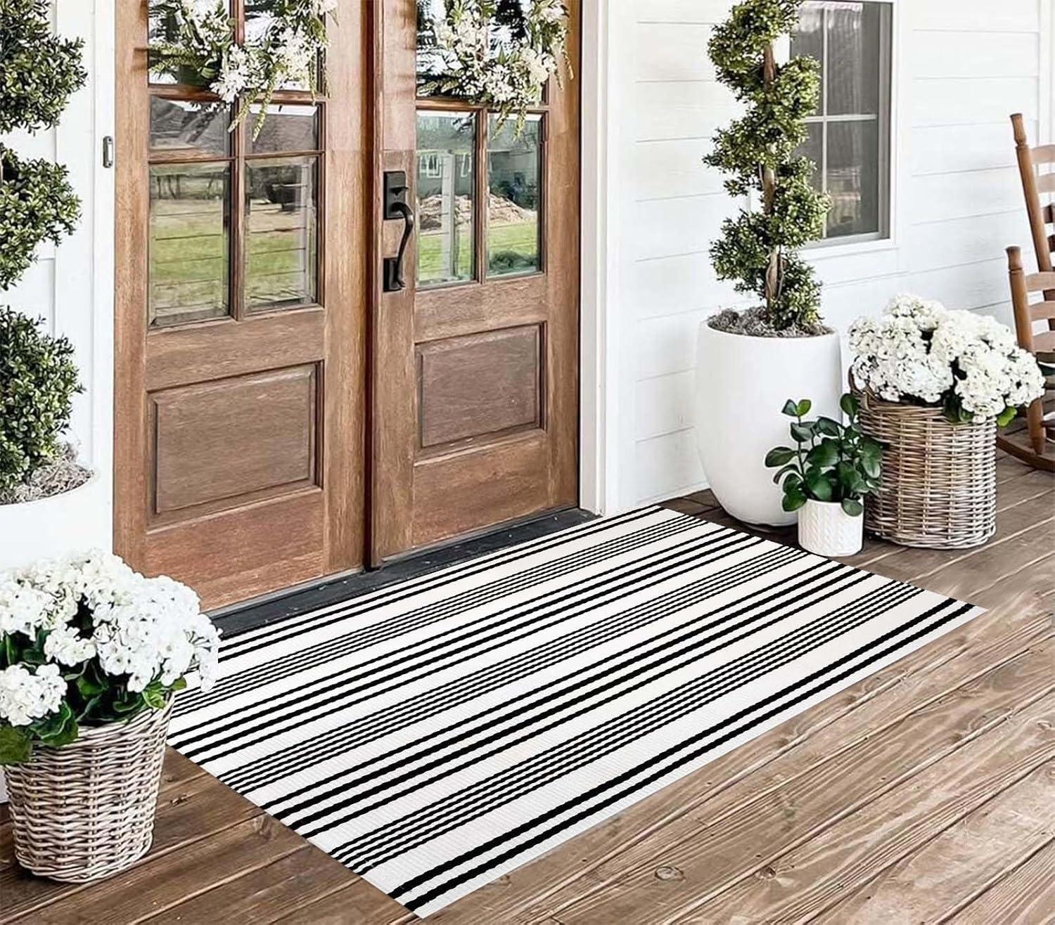 Black and White Striped Hand-Woven Outdoor Rug 24'' x 51''