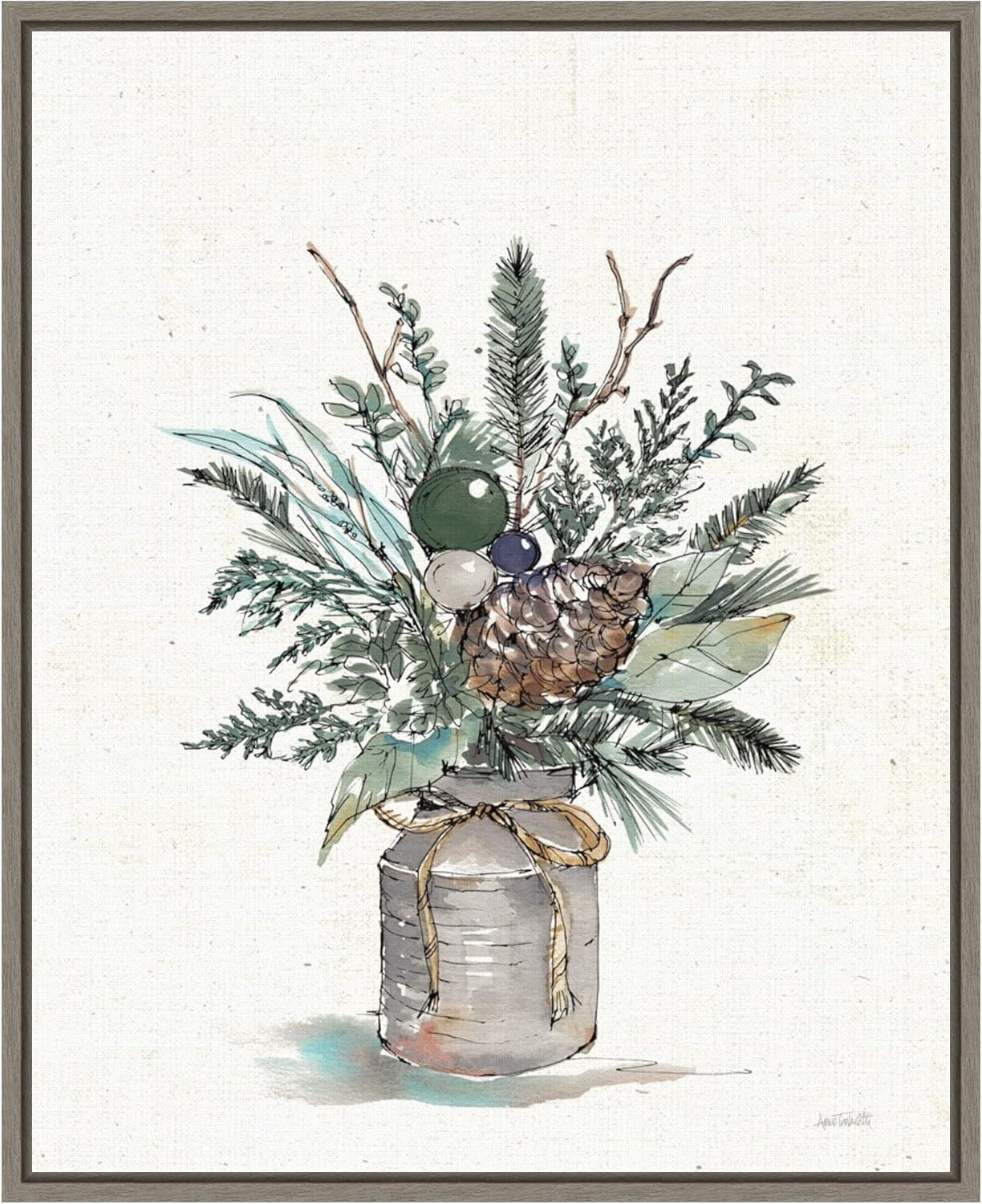 Seasonal Charm Greenery Christmas Vase Canvas Wall Art in Grey Frame