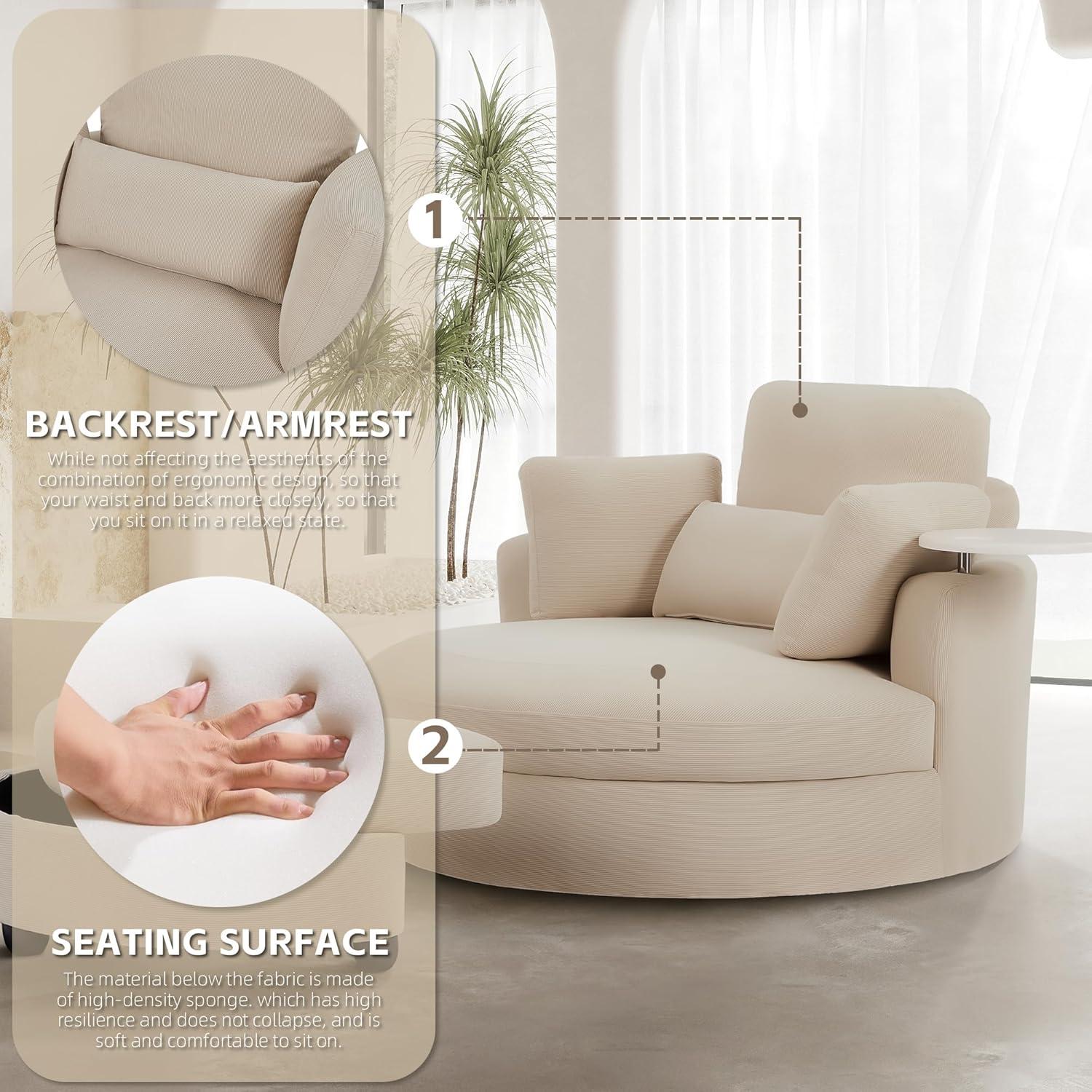 DEINPPA Swivel Round Barrel Chair with Storage Ottoman and 4 Movable Pillow Backrest, 360° Round Rotating Sofa Chair for Living Room, Hotel, Bedroom, Office, Lounge (Green + Chenille+ Foam)