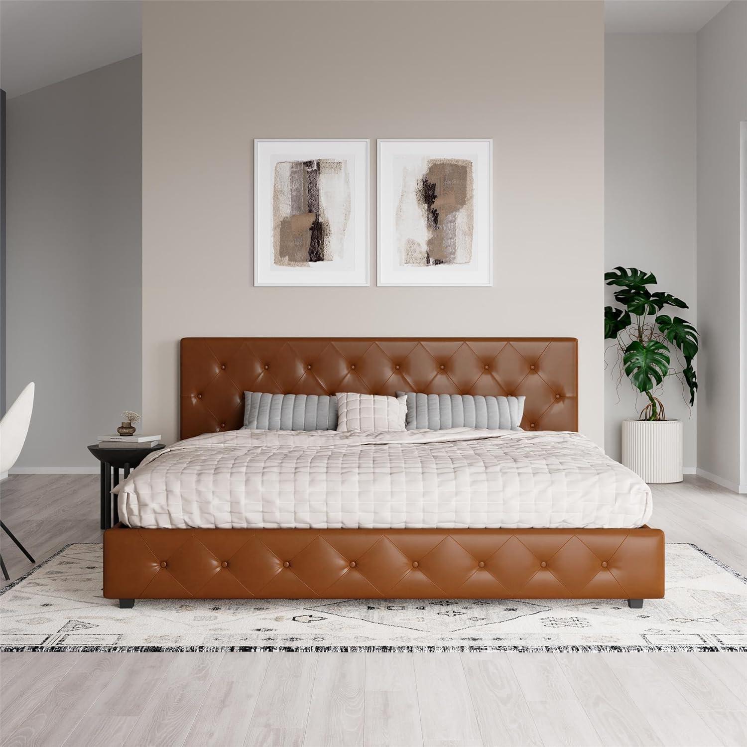 Camel Faux Leather King Platform Bed with Tufted Headboard