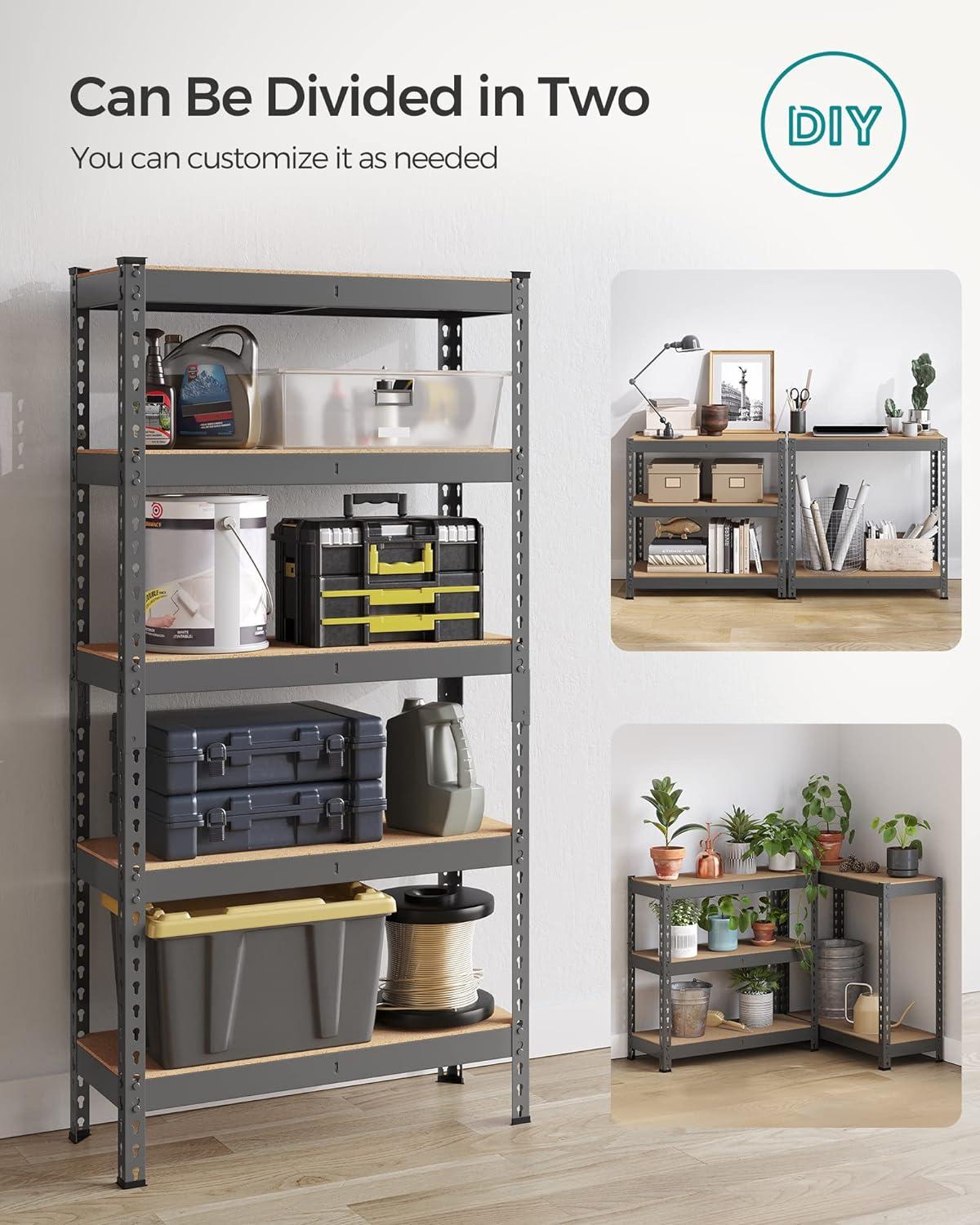 SONGMICS 5-Tier Storage Shelves Metal Garage Storage Boltless Assembly Adjustable Shelving Unit 11.8 x 29.5 x 59.1 Inches Load 1929 lb for Shed Warehouse Basement Kitchen Gray