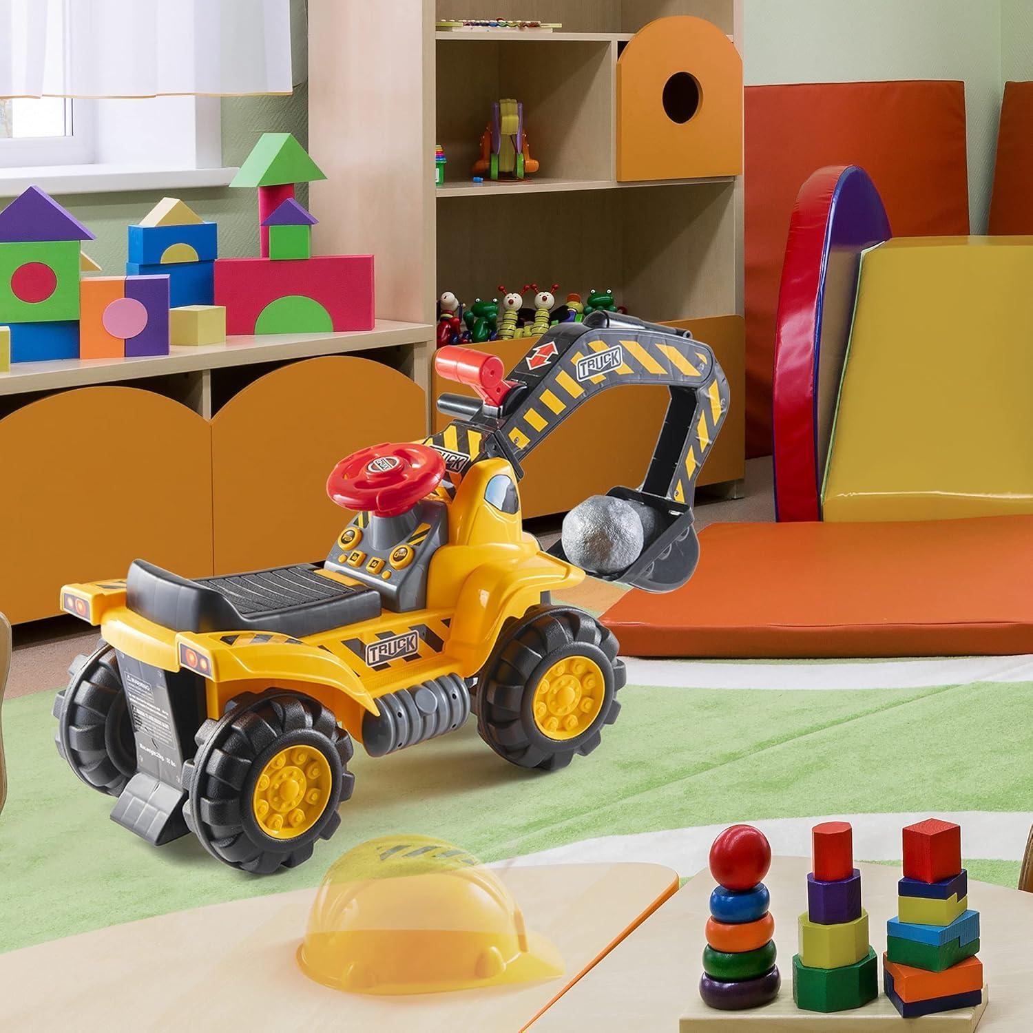 Toy Tractors For Kids Ride On Excavator - Music Sounds Digger Scooter Tractor Toys Bulldozer Includes Helmet With Rocks - Ride On Tractor Pretend Play - Toddler Tractor Construction Truck - By Play22