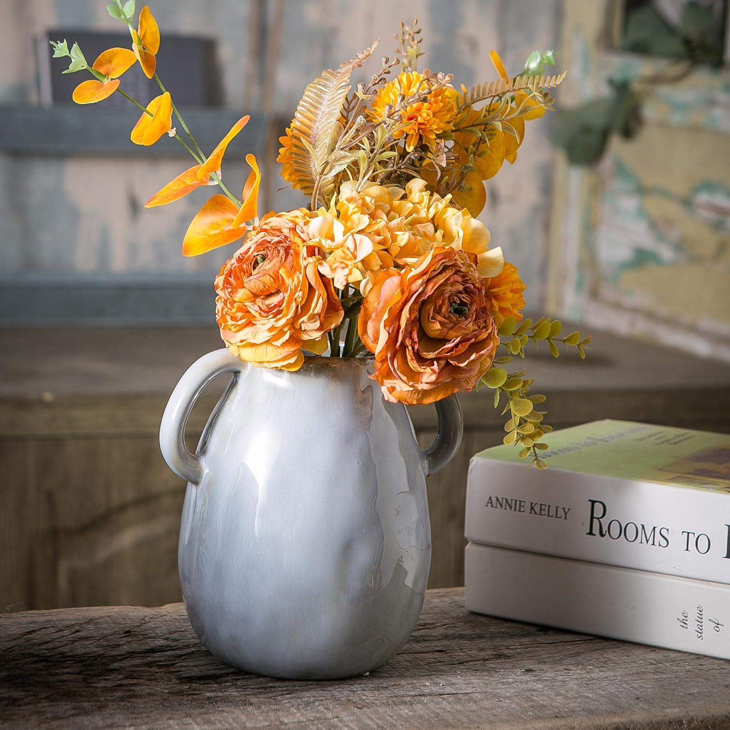 Grey Ceramic Vase with 2 Handles, Modern Farmhouse Vase for Home Decor, Rustic Terracotta Vase, Decorative Pottery Flower Vase, Clay Samll Vase, Centerpieces for Dining Table - 7 Inch Tall