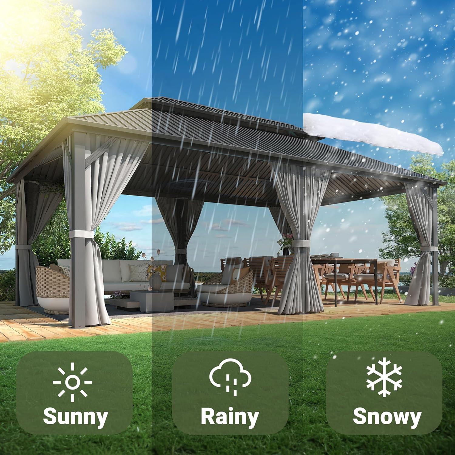 Ulax Furniture 10Ft x 12Ft Patio Hardtop Gazebo Outdoor Aluminum Pergola with Galvanized Steel Double Roof Canopy, Polyester Curtain and Mosquito Net, 10, Brown