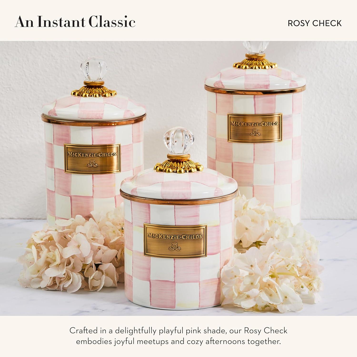 Medium Pink and White Checkered Enamel Canister with Glass Knob