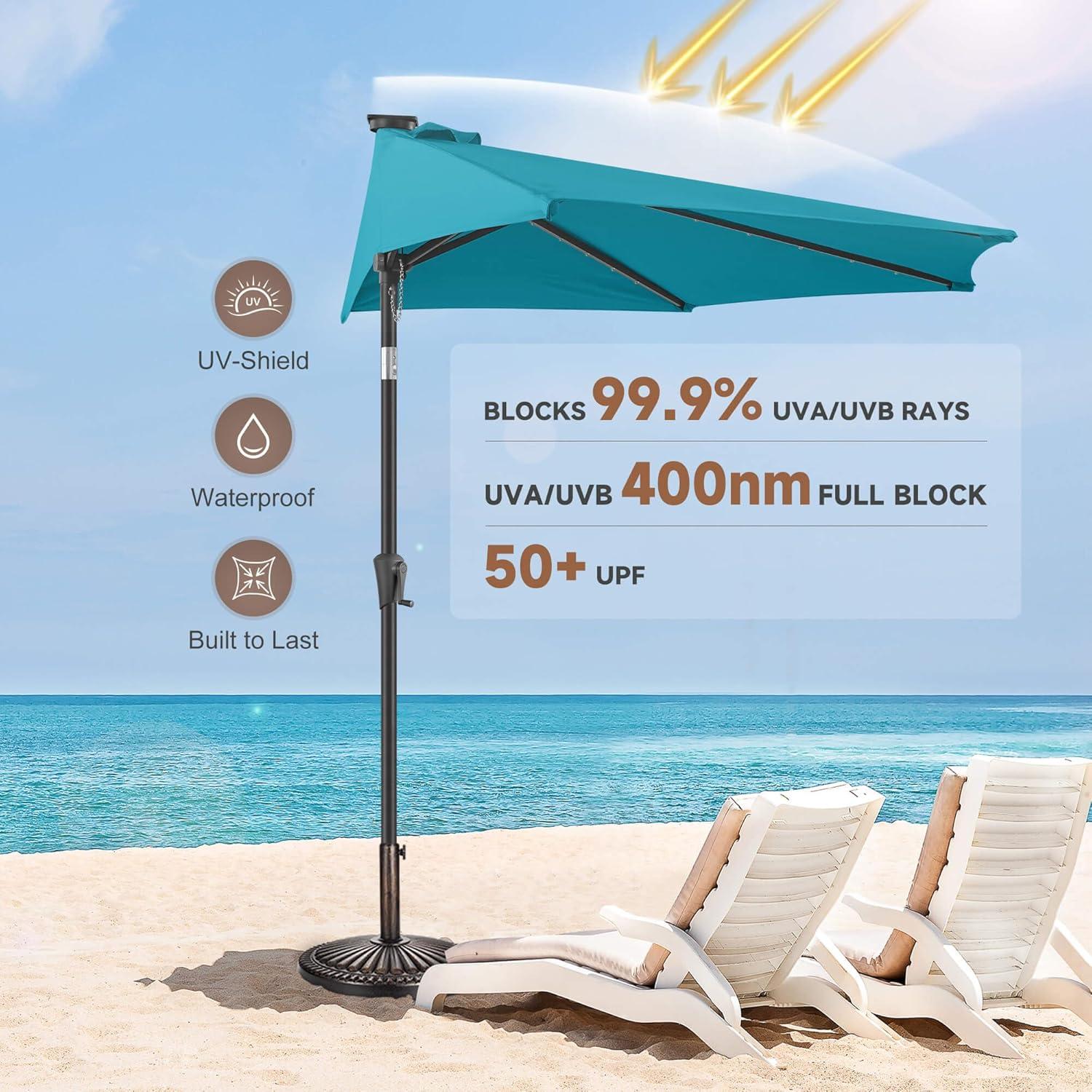 FLAME&SHADE 9 ft Half Round Solar Powered Outdoor Market Patio Table Umbrella for Wall Balcony with LED Lights and Tilt, Aqua Blue