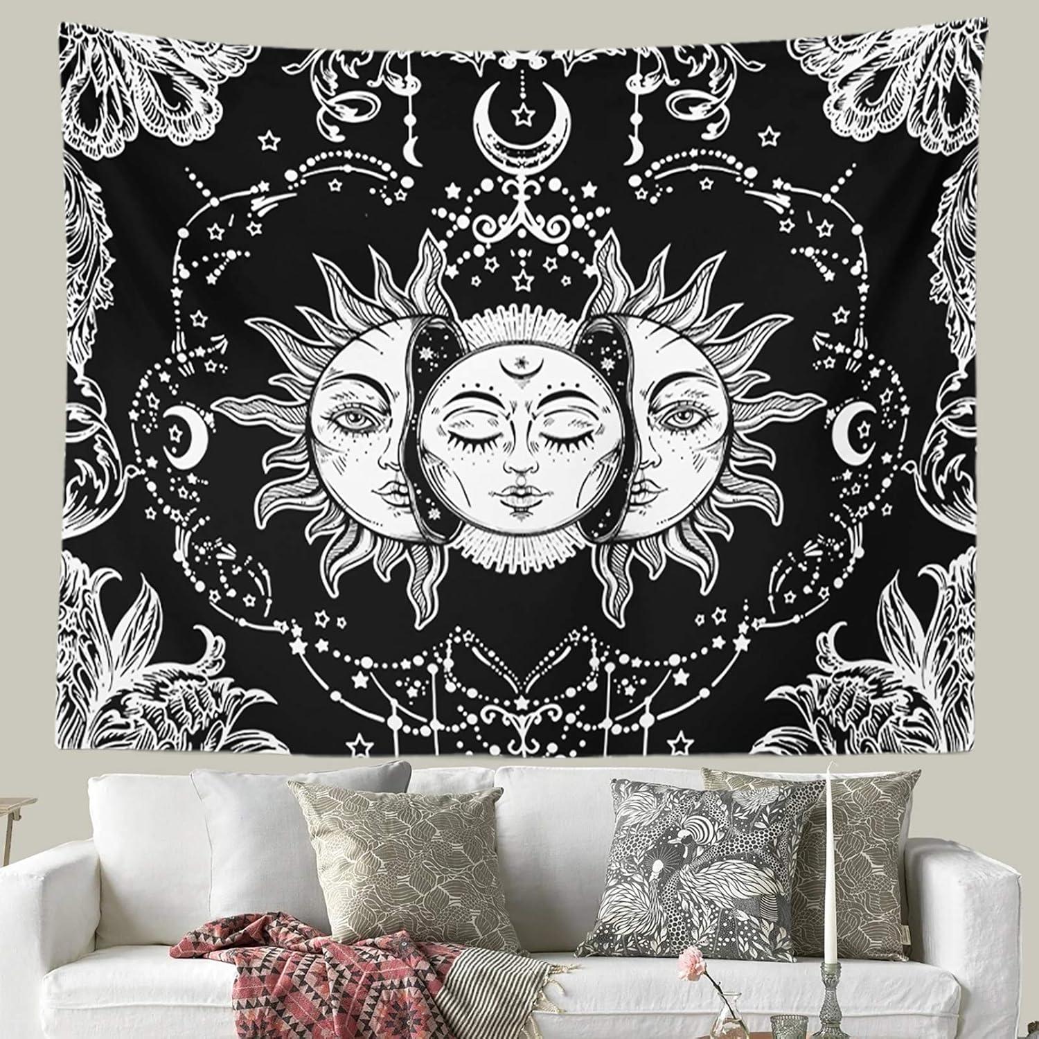 Ftuency Sun and Moon Tapestry, Black and White Tapestries Mystic Burning Sun with Star Wall Hanging decor for Bedroom (59" W x 51" L)