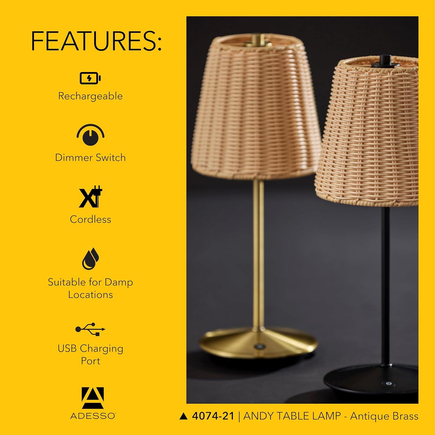 Adesso Benny Cordless Table Lamp (Includes LED Light Bulb) Antique Brass: ETL Listed, Touch Sensor, 3-Way Dimming