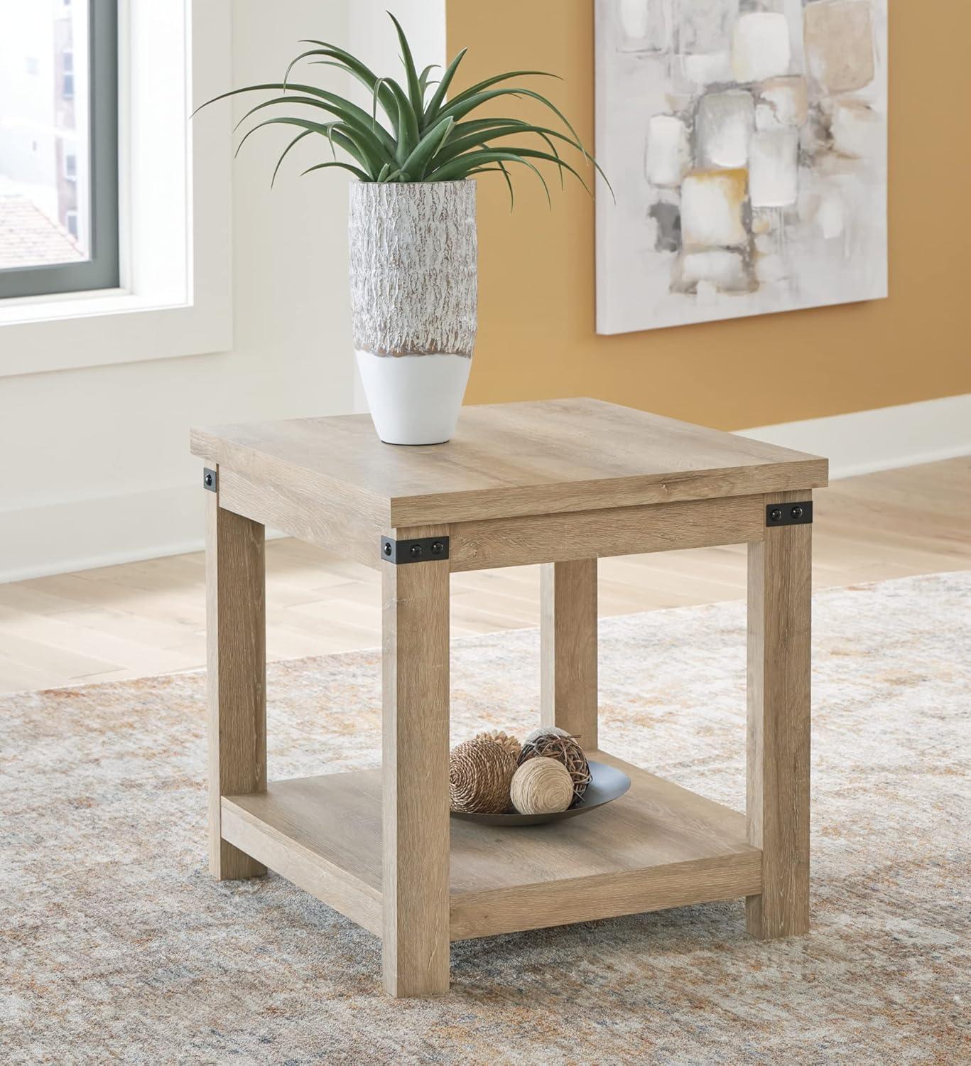 Casual Modern Beige Square End Table with Storage Shelf