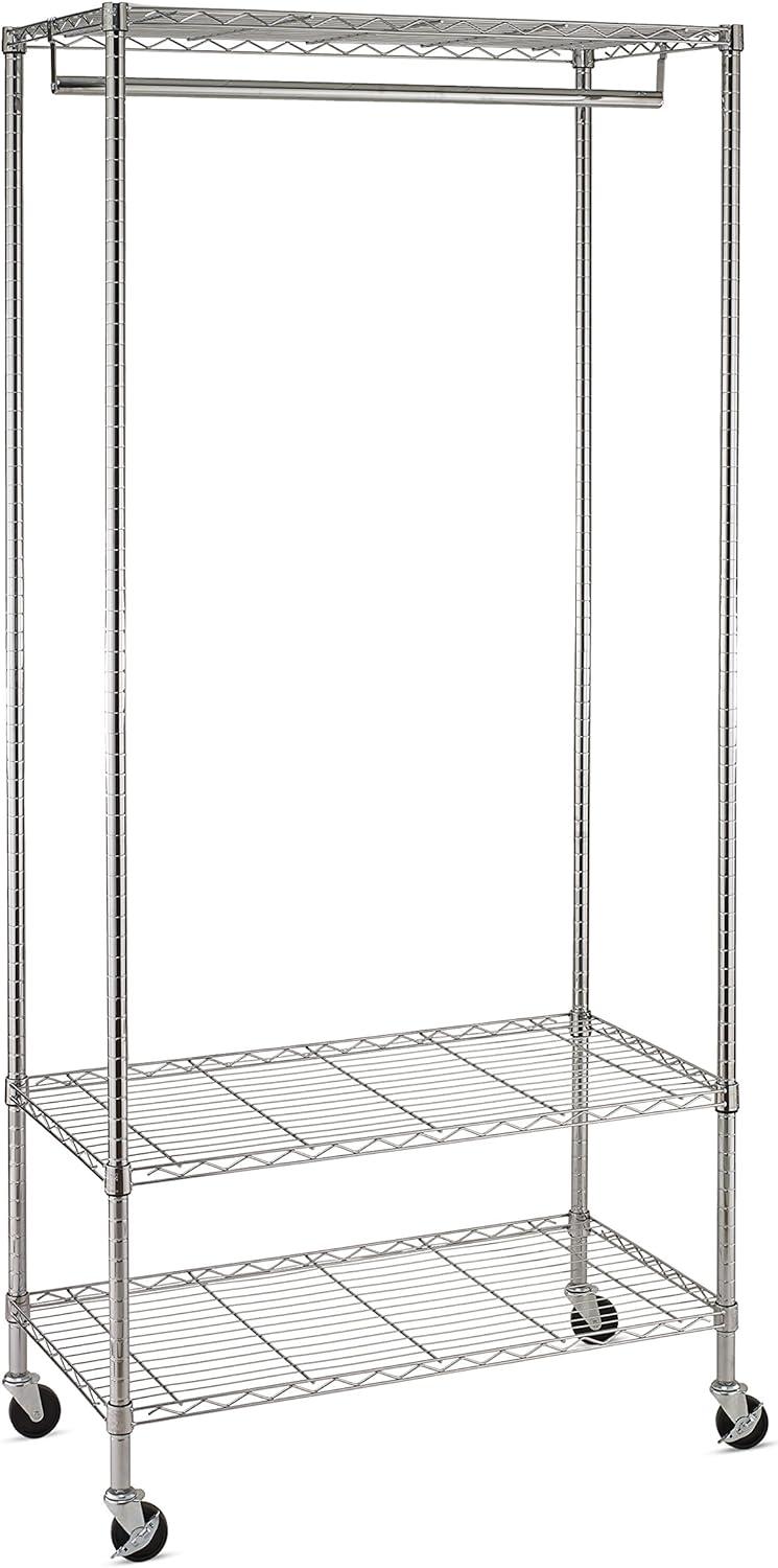 Chrome Steel 3-Shelf Rolling Garment Rack with Hanging Bar