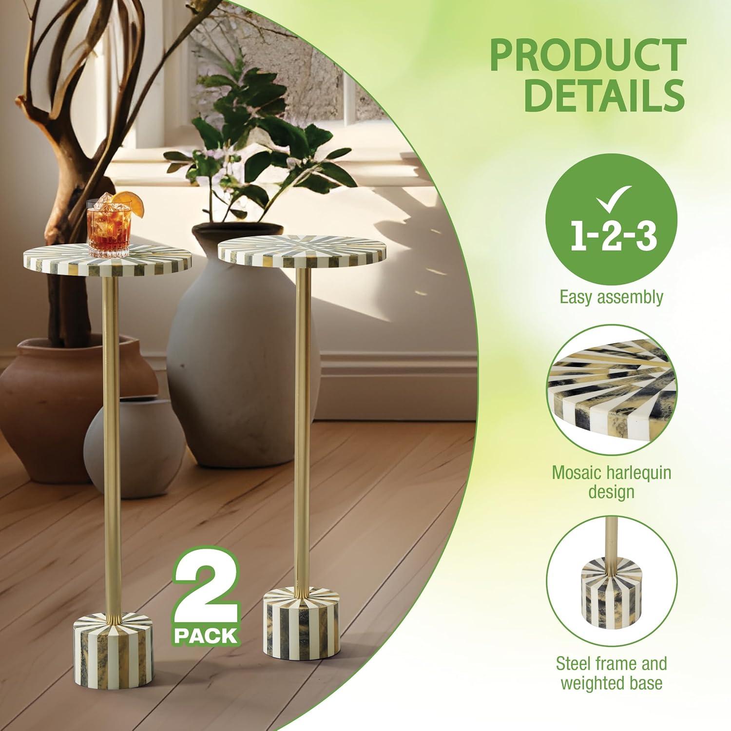 OSP Home Furnishings Round Side Table, Set of 2, Mosaic Black and White Top with Black Metal Base