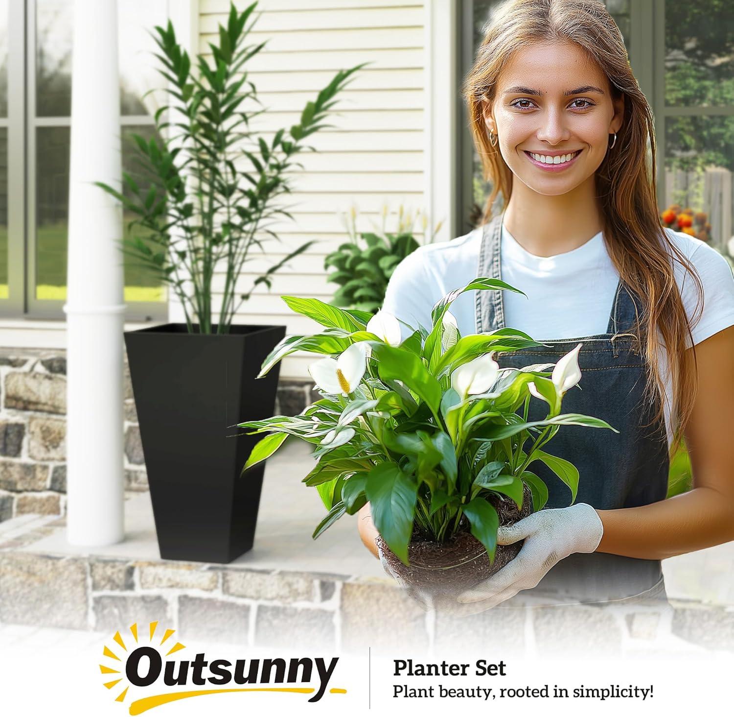 Outsunny Set of 3 Tall Planters with Drainage Hole, 28" Outdoor Flower Pots, Indoor Planters for Porch Patio and Deck, Black