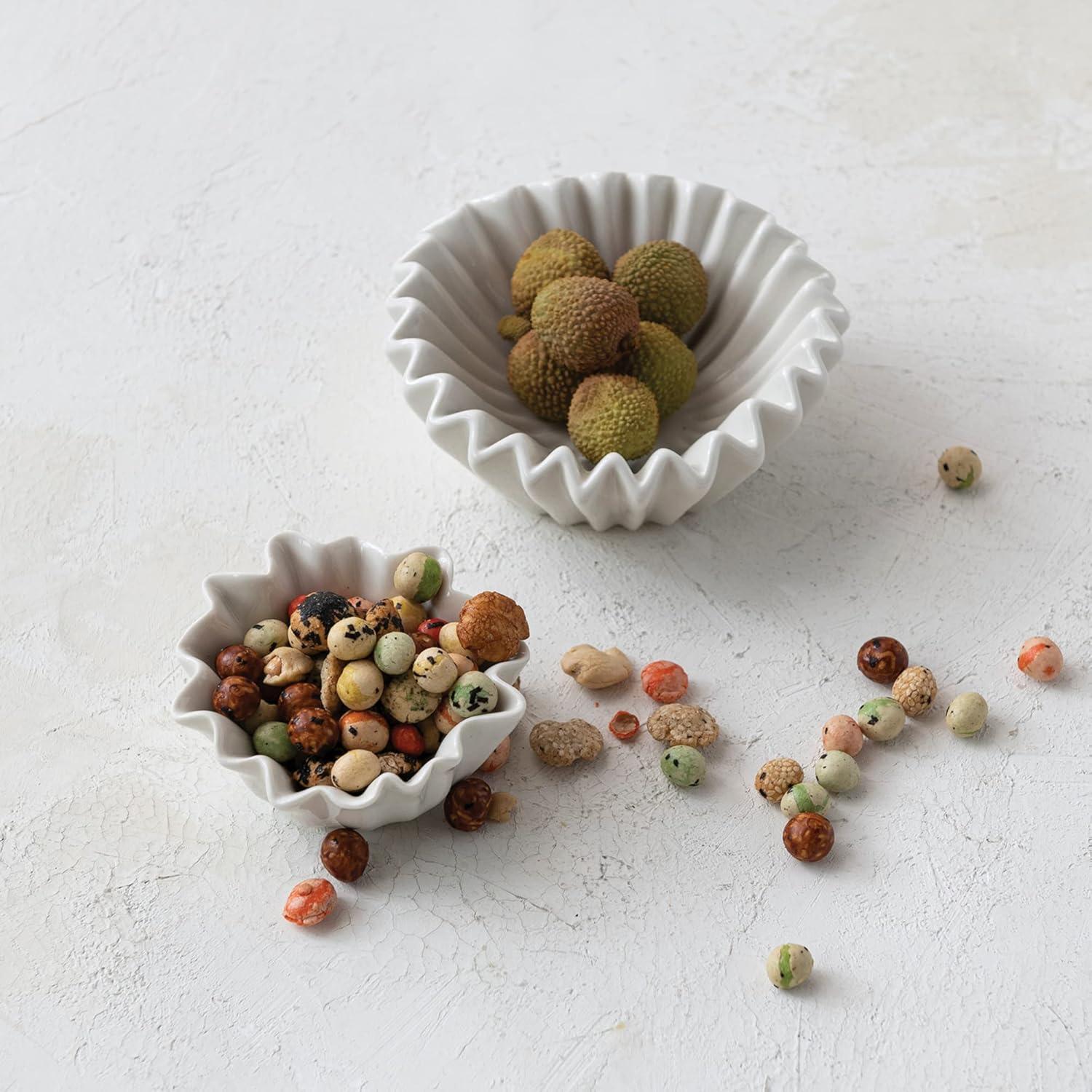 White Fluted Ceramic Serving Bowl with Zigzag Edge