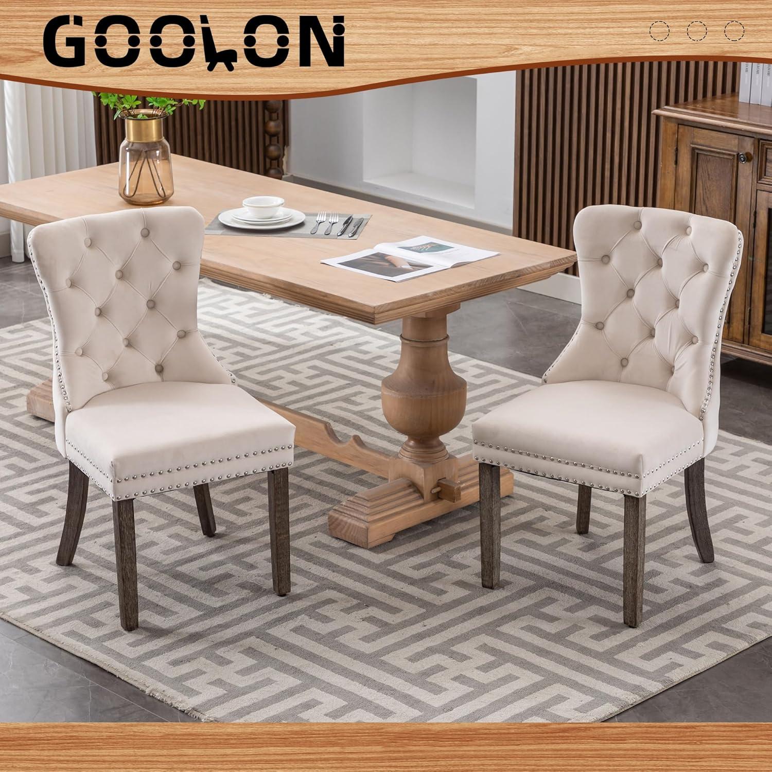 SoarFlash Velvet Dining Chairs Set of 4, Tall Back Side Chair, Modern Upholstered High-end Tufted Side Chair with Button Back Ring, Solid Wood Legs (Beige)