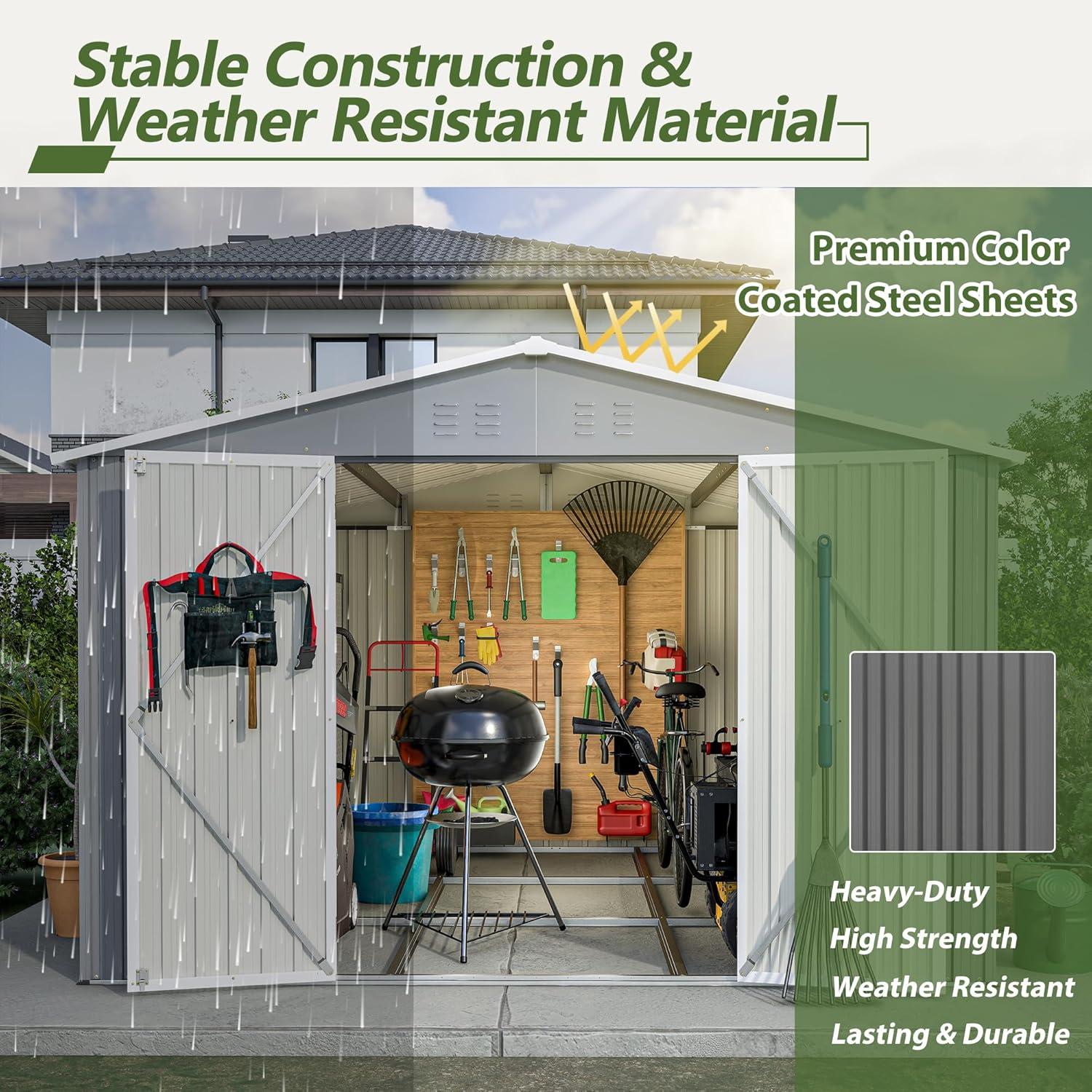 LZBEITEM 10 x 10 ft Outdoor Storage Shed with Floor Frame Kit, Galvanized Steel Garden Sheds, Garden Tool Shed with Double Lockable Doors for Backyard Patio Lawn, Grey