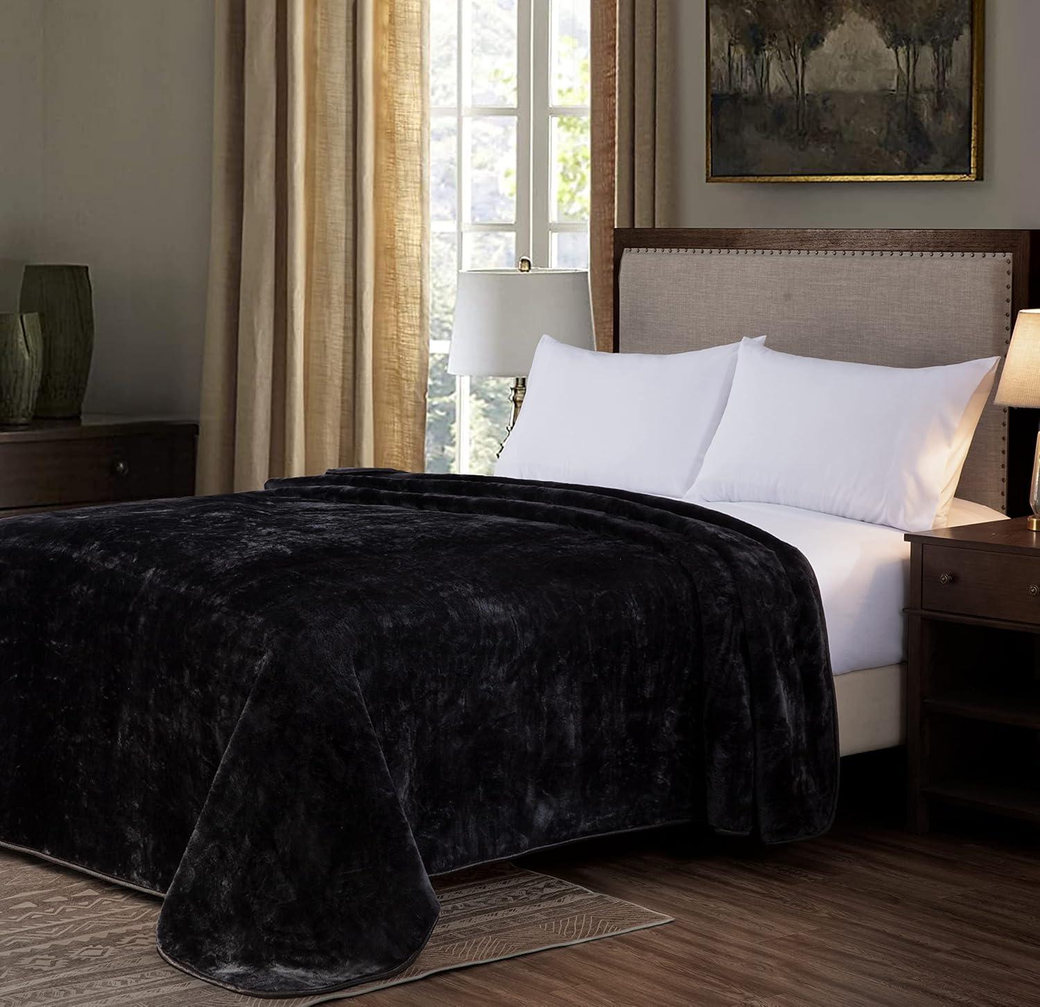 Chezmoi Collection Heavy Thick Korean Style Faux Mink Blanket Single Ply 9 Lbs, 750GSM Silky Soft Plush Raschel Mink Blanket, 92" x 106" US King Size, Solid Black