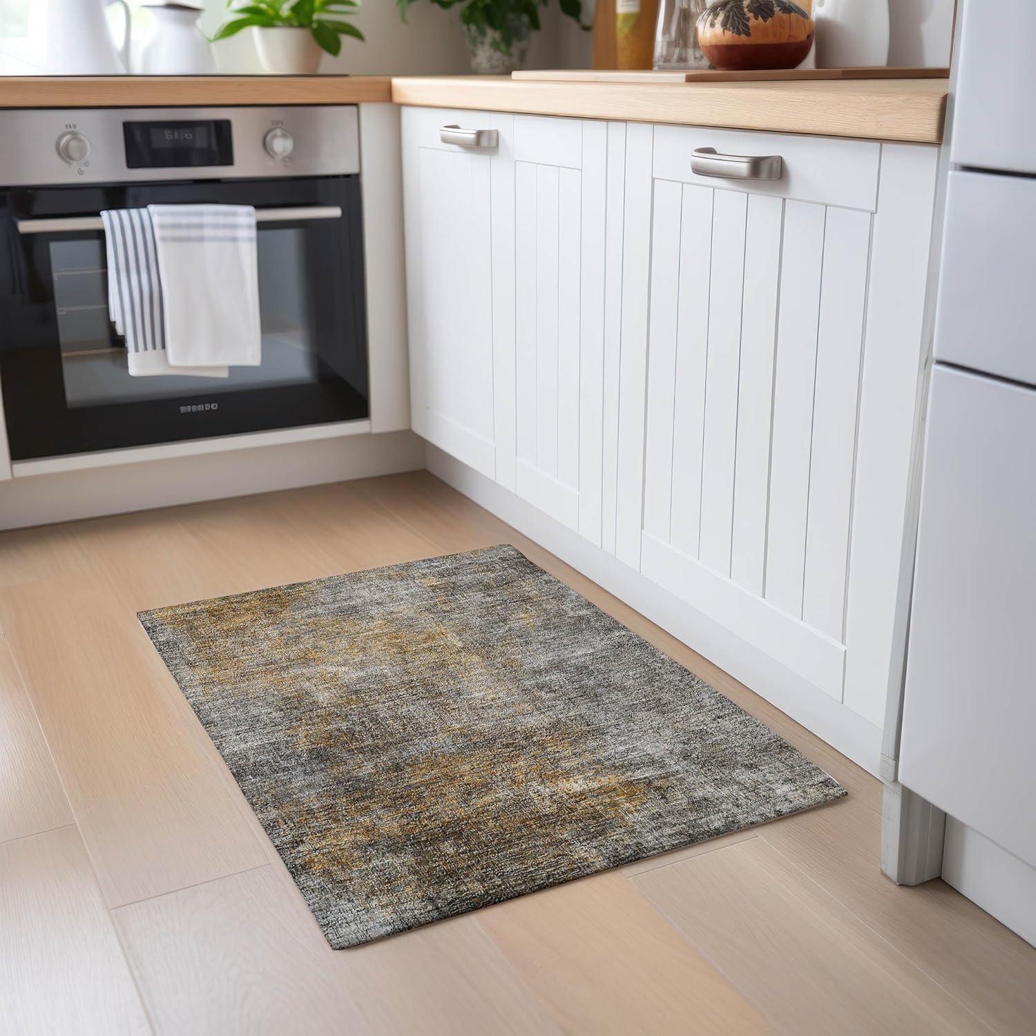 Gray and Gold Rectangular Machine Washable Area Rug